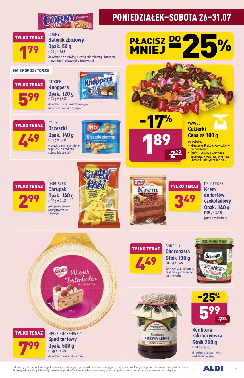 Gazetka promocyjna Aldi - ważna 26.07 do 31.07.2021 - strona 7 - produkty: Baton, Borówka, Cukier, Cukierki, Deser, Dr. Oetker, Felix, Kakao, Knoppers, Kokos, Konfitura, Krem do tortów, Michałki, Nuty, Orzeszki, Orzeszki ziemne, Praliny, Rum, Ser, Tera, Tonik, Wawel