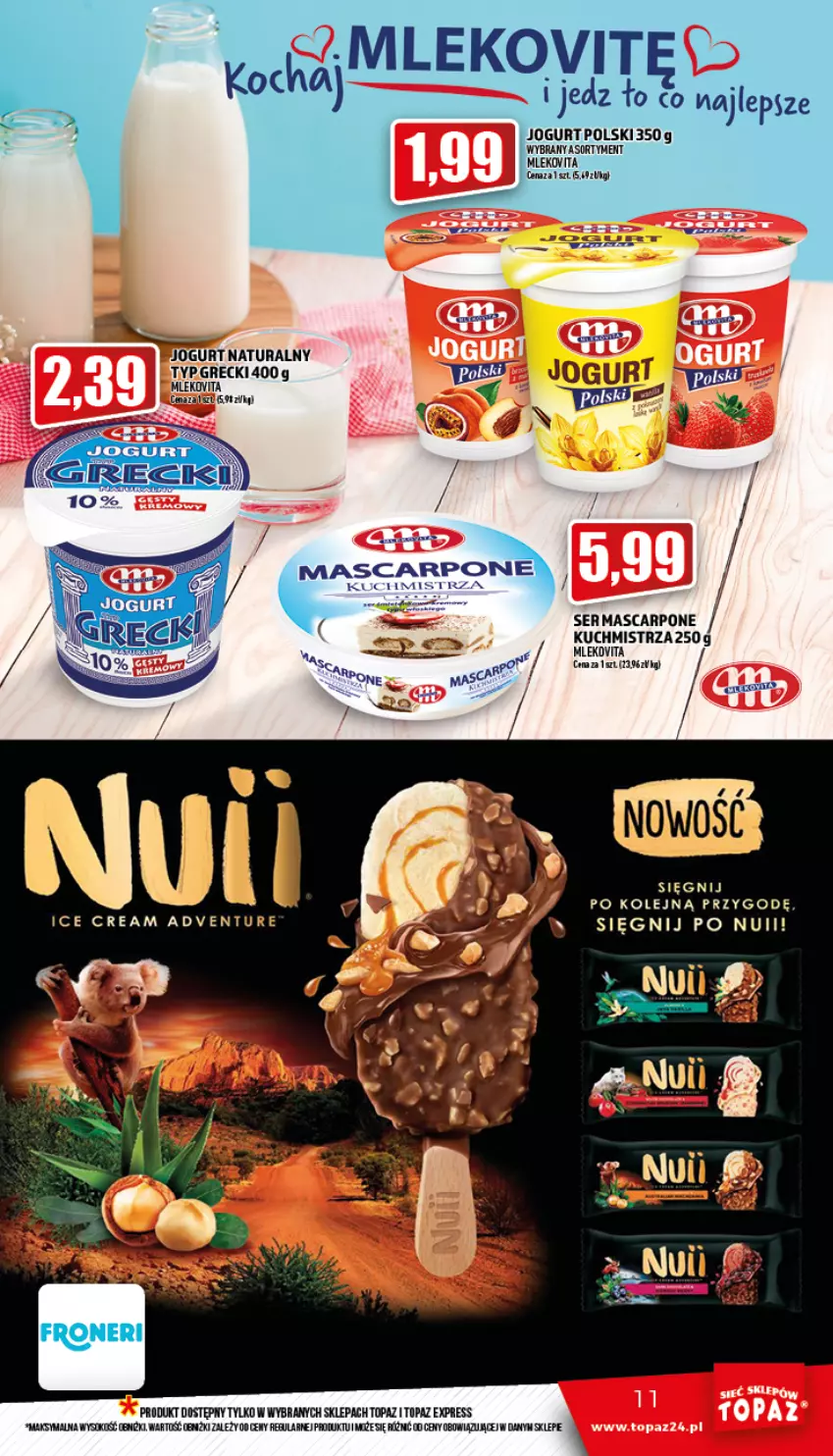 Gazetka promocyjna Topaz - Gazetka - ważna 21.04 do 27.04.2022 - strona 11 - produkty: Jogurt, Jogurt naturalny, Koc, Mascarpone, Mleko, Mlekovita, Olej, Ser, Top