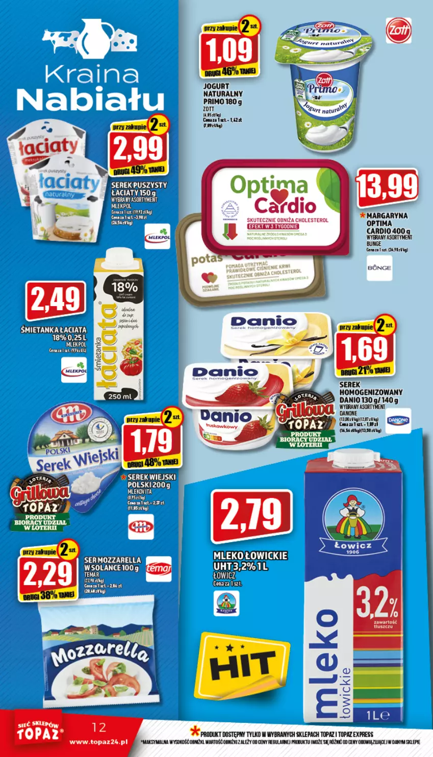 Gazetka promocyjna Topaz - Gazetka - ważna 21.04 do 27.04.2022 - strona 12 - produkty: Danio, Danone, Jogurt, Jogurt naturalny, Ser, Serek, Serek homogenizowany, Sok, Top