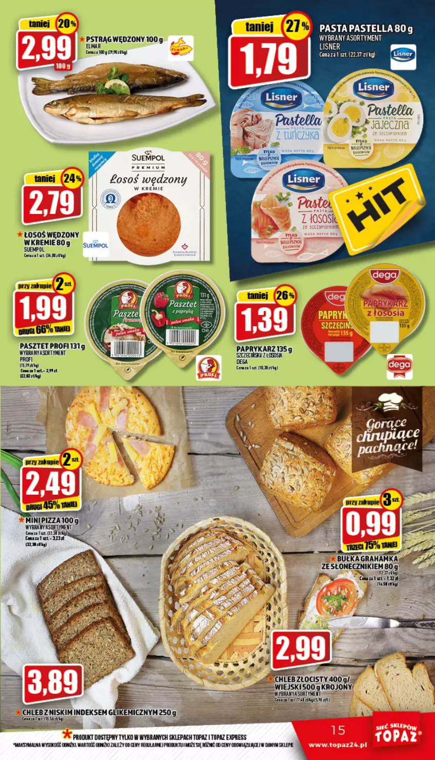 Gazetka promocyjna Topaz - Gazetka - ważna 21.04 do 27.04.2022 - strona 15 - produkty: Chleb, Lisner, Pastella, Pasztet, Pizza, Pstrąg, Sos, Suempol, Szal, Top