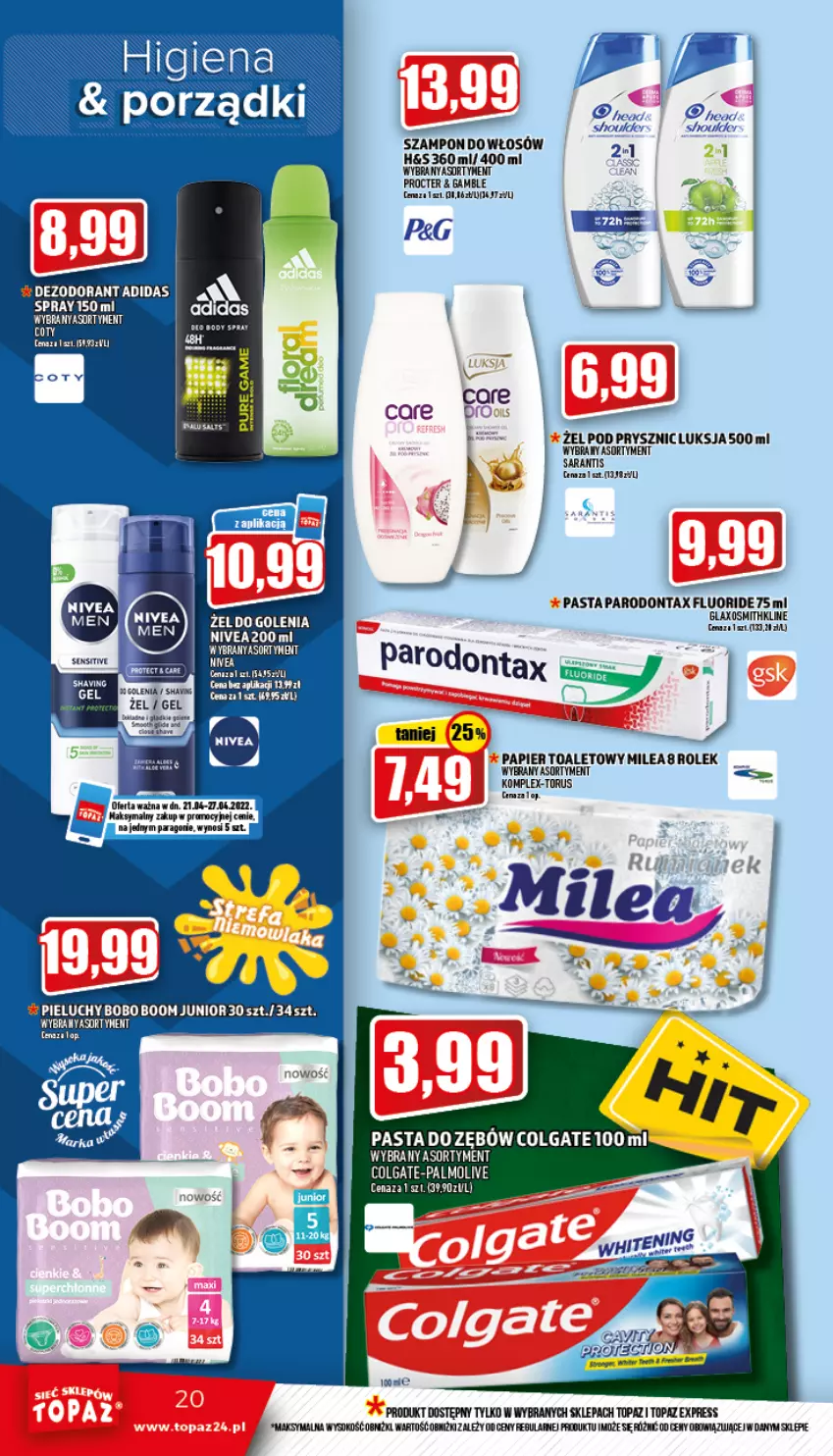 Gazetka promocyjna Topaz - Gazetka - ważna 21.04 do 27.04.2022 - strona 20 - produkty: Colgate, LG, Luksja, Palmolive, Papier, Papier toaletowy, Parodontax, Pasta do zębów, Por, Sok, Szampon, Top