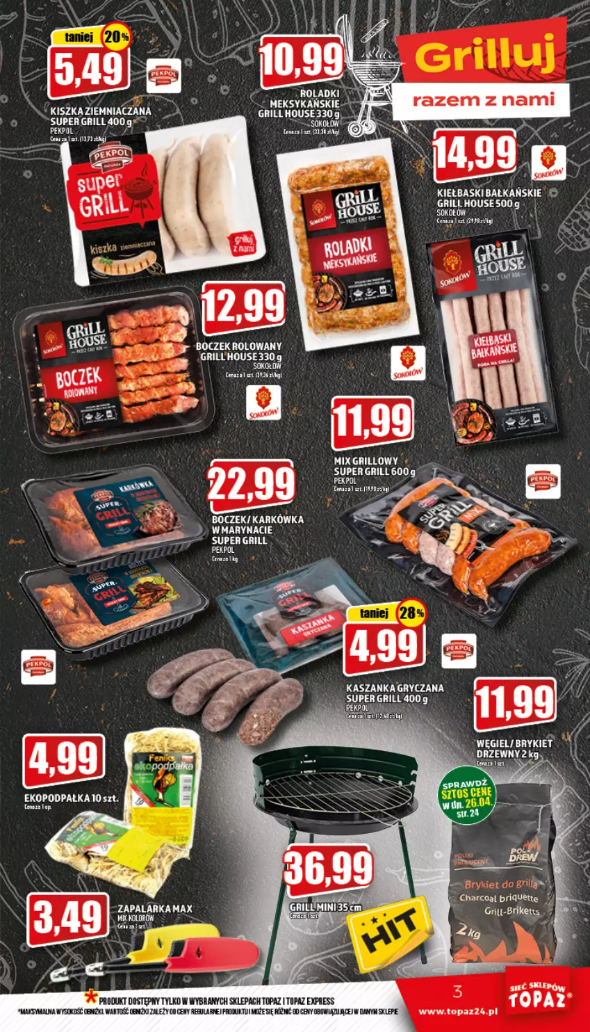 Gazetka promocyjna Topaz - Gazetka - ważna 21.04 do 27.04.2022 - strona 3 - produkty: Boczek, Grill, Gry, Kasza, Kaszanka, Pekpol, Por, Sok, Sokołów, Sos, Top