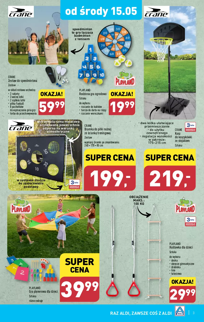 Gazetka promocyjna Aldi - Artykuły przemysłowe i tekstylia - ważna 15.05 do 18.05.2024 - strona 3 - produkty: Bramka, Cynk, Dzieci, Gra, Gry, Huśtawka, Inka, Kosz, NBA, Noż, Por, Rama, Ramka, Sok, Stojak, Talerz, Torba