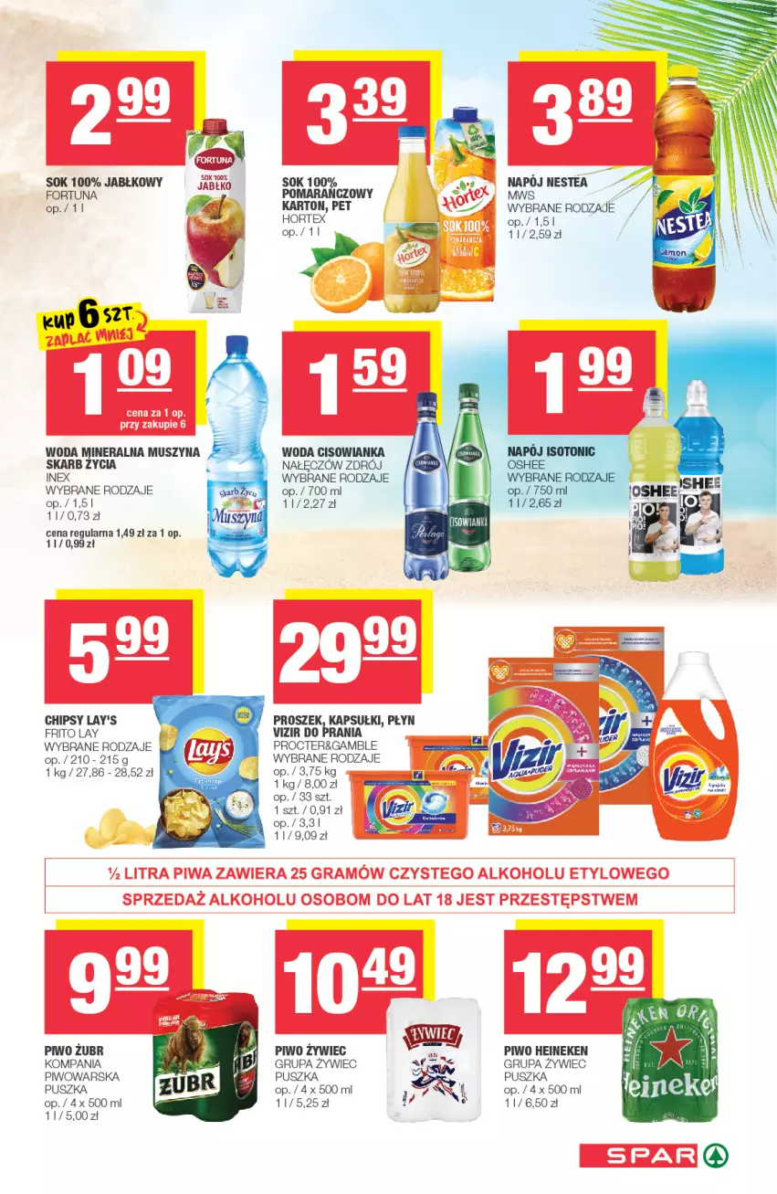 Gazetka promocyjna Spar - Spar - ważna 30.06 do 06.07.2021 - strona 7 - produkty: Chipsy, Cisowianka, Fortuna, Heineken, Mus, Napój, Nestea, Piwo, Sok, Szyna, Vizir, Woda, Woda mineralna