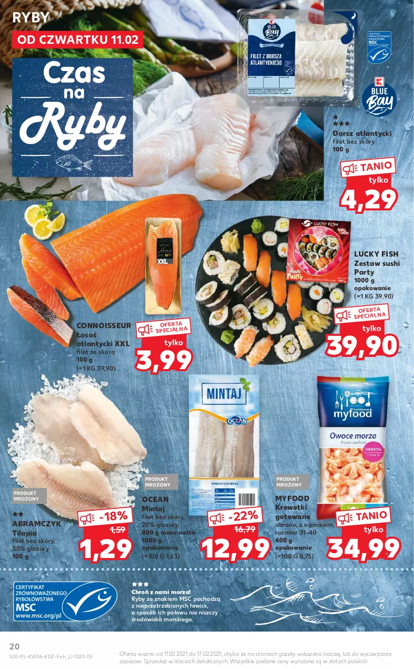 Gazetka promocyjna Kaufland - OFERTA TYGODNIA - ważna 11.02 do 17.02.2021 - strona 20 - produkty: Dorsz, Krewetki, Lazur, Mintaj, Sushi, Tilapia