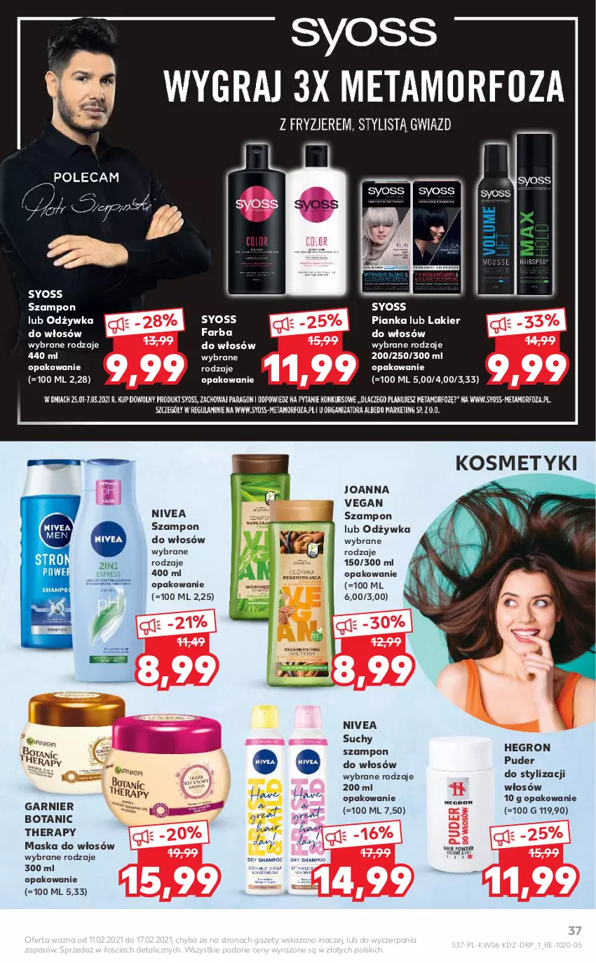 Gazetka promocyjna Kaufland - OFERTA TYGODNIA - ważna 11.02 do 17.02.2021 - strona 37 - produkty: Fa, Farba do włosów, Garnier, Hegron, Joanna, Lakier, Lakier do włosów, Maska, Maska do włosów, Nivea, Odżywka, Puder, Suchy szampon, Syoss, Szampon