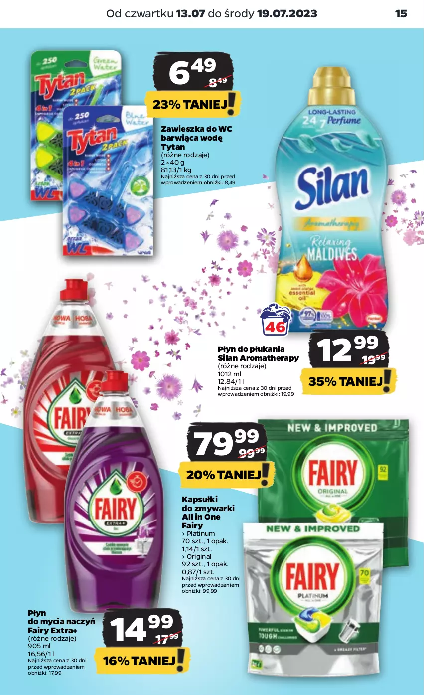 Gazetka promocyjna Netto - Artykuły spożywcze - ważna 13.07 do 19.07.2023 - strona 15 - produkty: Do mycia naczyń, Fa, Fairy, Gin, Płyn do mycia, Płyn do mycia naczyń, Płyn do płukania, Silan, Tytan, Zawieszka do wc, Zmywarki