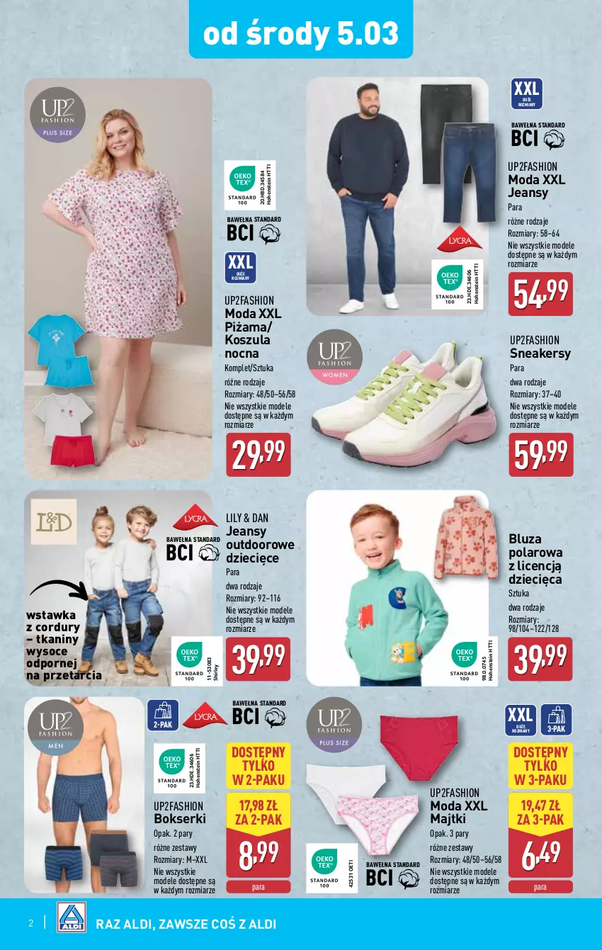 Gazetka promocyjna Aldi - Artykuły przemysłowe i tekstylia - ważna 05.03 do 08.03.2025 - strona 2 - produkty: Bluza, Bluza polarowa, Bokserki, Dzieci, Fa, Kosz, Koszula, Koszula nocna, Majtki, Moda, Piżama, Por, Ser, Sneakersy