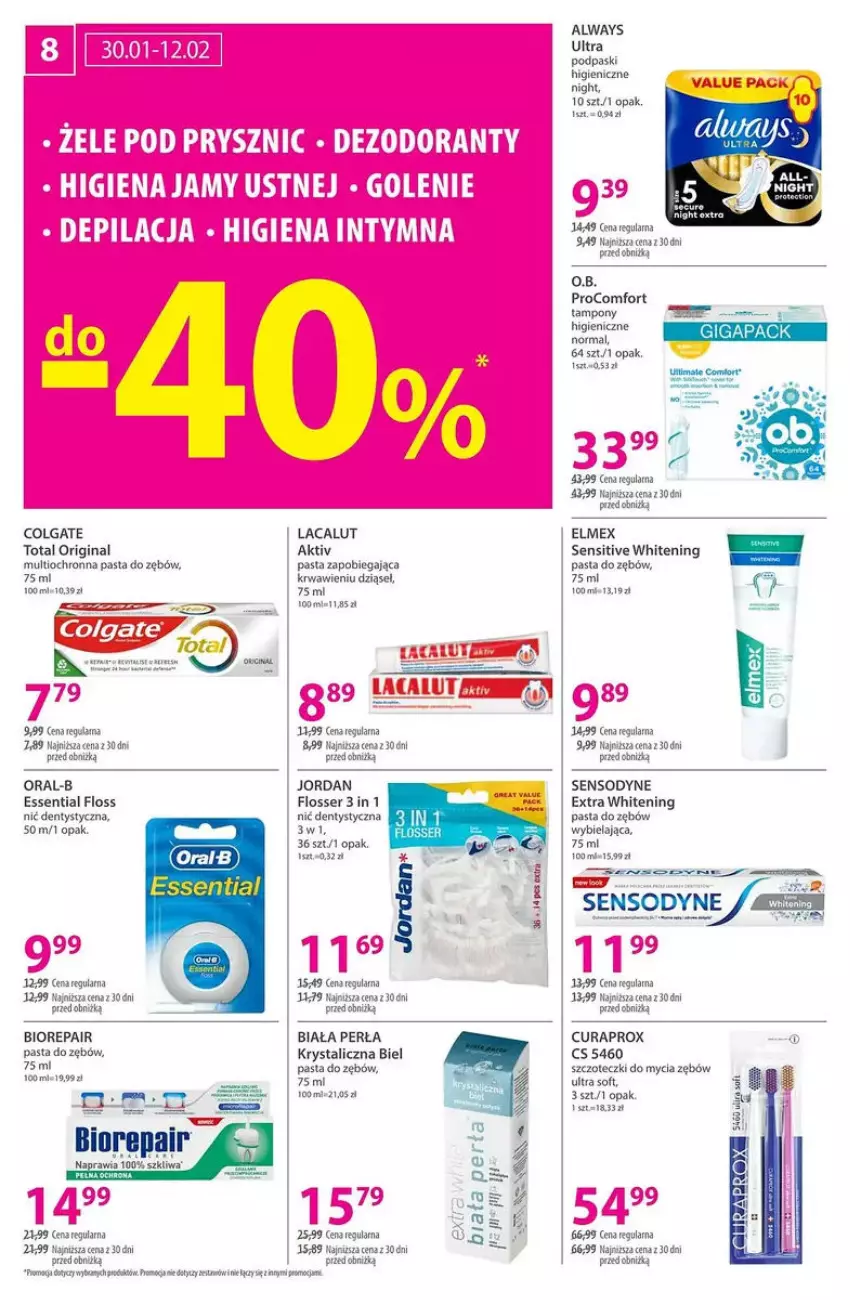 Gazetka promocyjna Hebe - ważna 30.01 do 16.02.2025 - strona 21 - produkty: Always, Always Ultra, Biorepair, Colgate, Colgate Total, Curaprox, Elmex, Fa, Gin, Lacalut, LG, Nić dentystyczna, O.B., Pasta do zębów, Perła, Podpaski, Por, Sensodyne, Ser