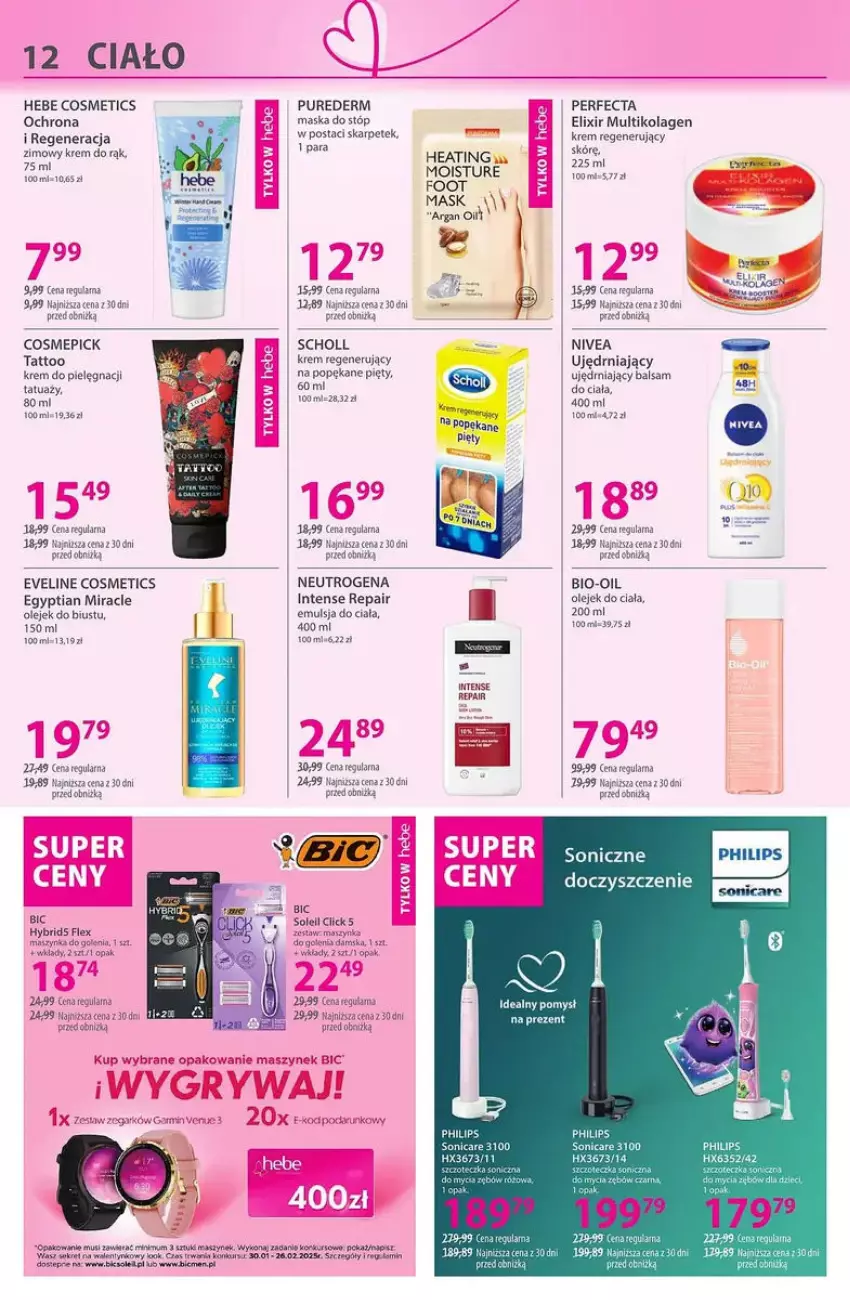 Gazetka promocyjna Hebe - ważna 30.01 do 16.02.2025 - strona 4 - produkty: BIC, Bio-Oil, Emulsja, Eveline, Hebe Cosmetics, Karp, Kolagen, Krem do rąk, Krem regenerujący, Maska, Maska do stóp, Maszynka, Maszynka do golenia, Neutrogena, Nivea, Perfecta, Pur, Scholl, Szynka