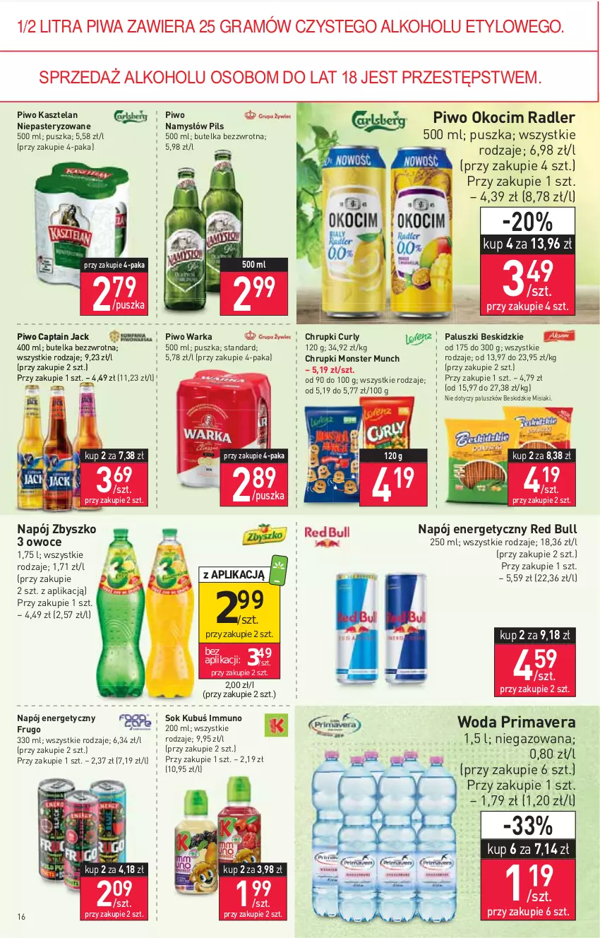 Gazetka promocyjna Stokrotka - Supermarket - ważna 08.09 do 14.09.2022 - strona 16 - produkty: Beskidzki, Captain Jack, Chrupki, Gra, Kasztelan, Koc, Kubuś, Monster Munch, Namysłów, Napój, Napój energetyczny, Okocim, Owoce, Piwa, Piwo, Prima, Primavera, Radler, Red Bull, Sok, Warka, Woda