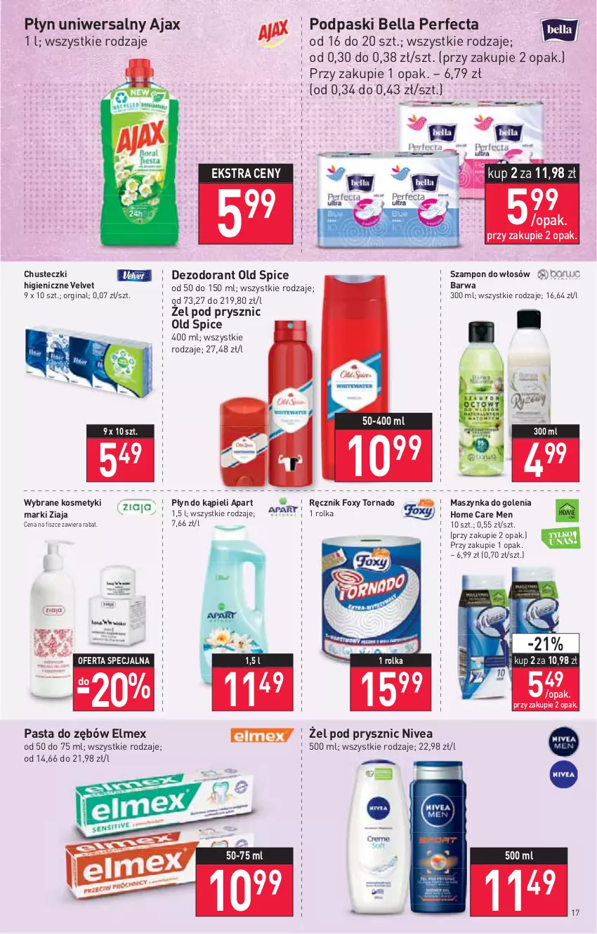 Gazetka promocyjna Stokrotka - Supermarket - ważna 08.09 do 14.09.2022 - strona 17 - produkty: Ajax, Bell, Bella, Chusteczki, Dezodorant, Elmex, Foxy, Gin, Maszynka, Maszynka do golenia, Nivea, Old Spice, Pasta do zębów, Perfecta, Płyn do kąpieli, Podpaski, Ręcznik, Szampon, Szynka, Velvet, Ziaja