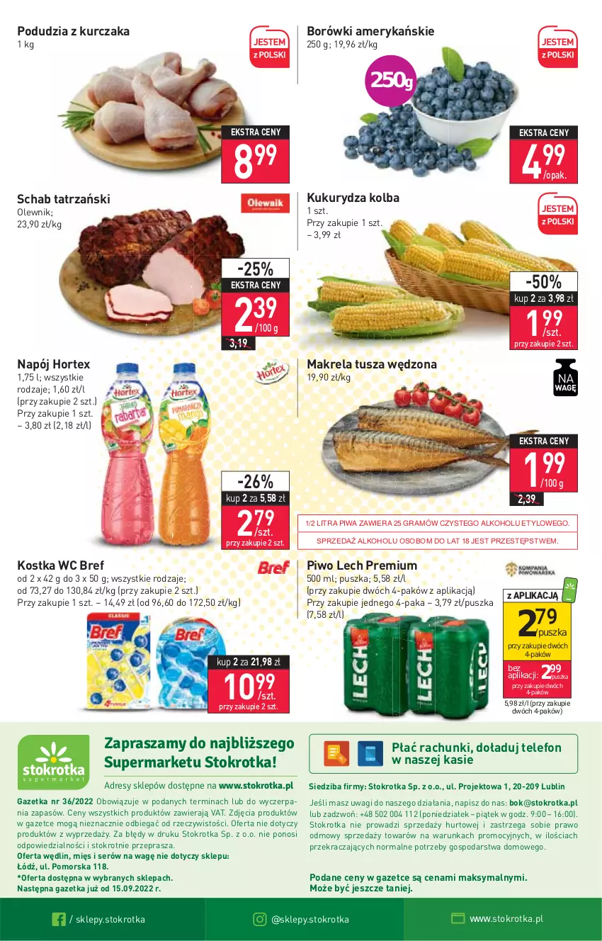 Gazetka promocyjna Stokrotka - Supermarket - ważna 08.09 do 14.09.2022 - strona 20 - produkty: Bref, Gra, Hortex, Kukurydza, Kurczak, Lech Premium, Napój, O nas, Olewnik, Piwa, Piwo, Ser, Telefon, Tusz, Wagi