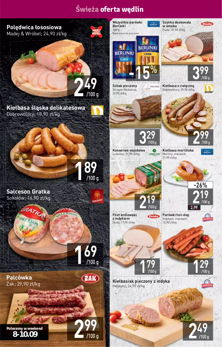 Gazetka promocyjna Stokrotka - Supermarket - ważna 08.09 do 14.09.2022 - strona 4 - produkty: Basia, Berlinki, Duda, Gra, HP, Kiełbasa, Kiełbasa śląska, Królewski, Morliny, Parówki, Piec, Polędwica, Salceson, Schab pieczony, Ser, Sok, Sokołów, Sos, Szynka