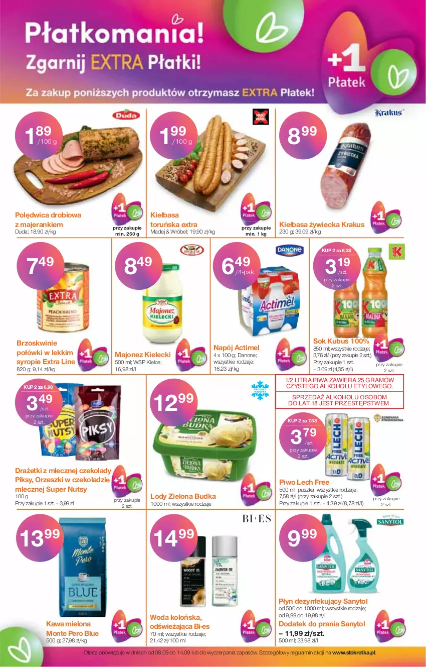 Gazetka promocyjna Stokrotka - Supermarket - ważna 08.09 do 14.09.2022 - strona 6 - produkty: Actimel, Brzoskwinie, Danone, Duda, Gra, Kawa, Kawa mielona, Kiełbasa, Krakus, Kubuś, Lody, Majonez, Monte, Napój, Orzeszki, Piwa, Piwo, Polędwica, Sanytol, Sok, Syrop, Woda, Woda kolońska, Zielona Budka