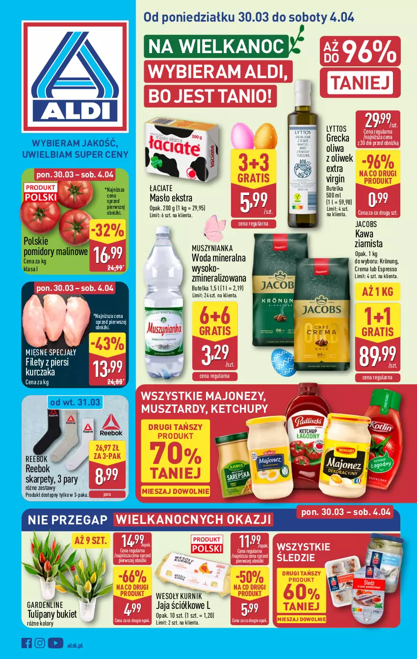 Gazetka promocyjna Aldi - Pełna oferta - ważna 30.03 do 04.04.2026 - strona 1 - produkty: Bukiet, Gin, Gra, Jacobs, Jaja, Karp, Kawa, Kawa ziarnista, Ketchup, Kurczak, Majonez, Masło, Mięsne specjały, Mus, Muszynianka, Oliwa, Oliwa z oliwek, Pomidory, Sok, Tulipan, Woda, Woda mineralna