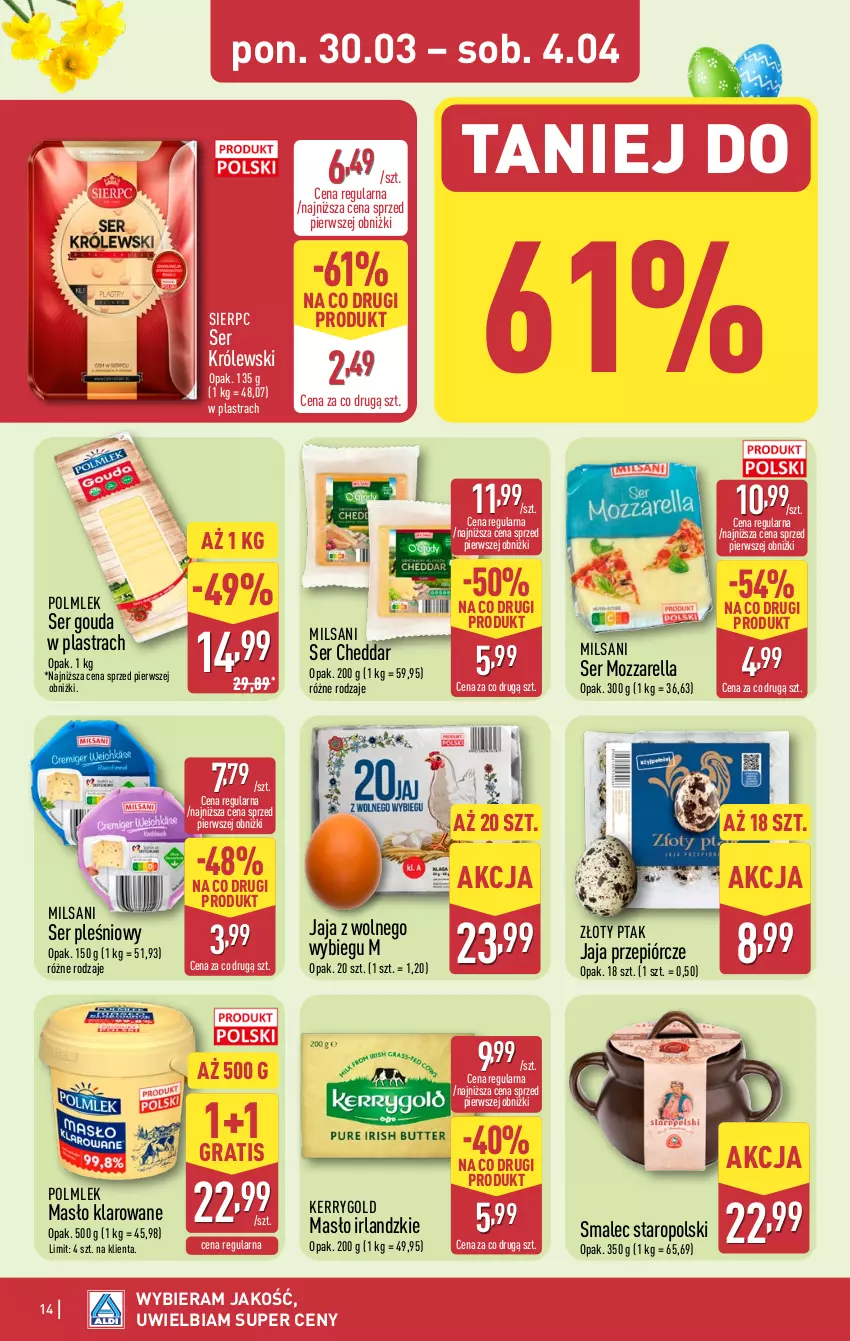 Gazetka promocyjna Aldi - Pełna oferta - ważna 30.03 do 04.04.2026 - strona 14 - produkty: Cheddar, Gouda, Gra, Jaja, Jaja z wolnego wybiegu, Królewski, Masło, Masło klarowane, Mozzarella, POLMLEK, Ser, Ser pleśniowy, Smalec