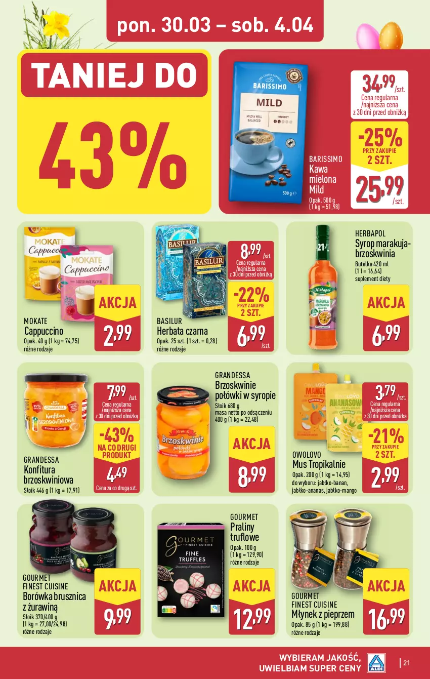 Gazetka promocyjna Aldi - Pełna oferta - ważna 30.03 do 04.04.2026 - strona 21 - produkty: Ananas, Borówka, Borówka brusznica, Brzoskwinie, Cappuccino, Gra, Herbapol, Herbata, Herbata czarna, Kawa, Kawa mielona, Konfitura, Mango, Młynek, Mus, Pieprz, Praliny, Suplement diety, Syrop