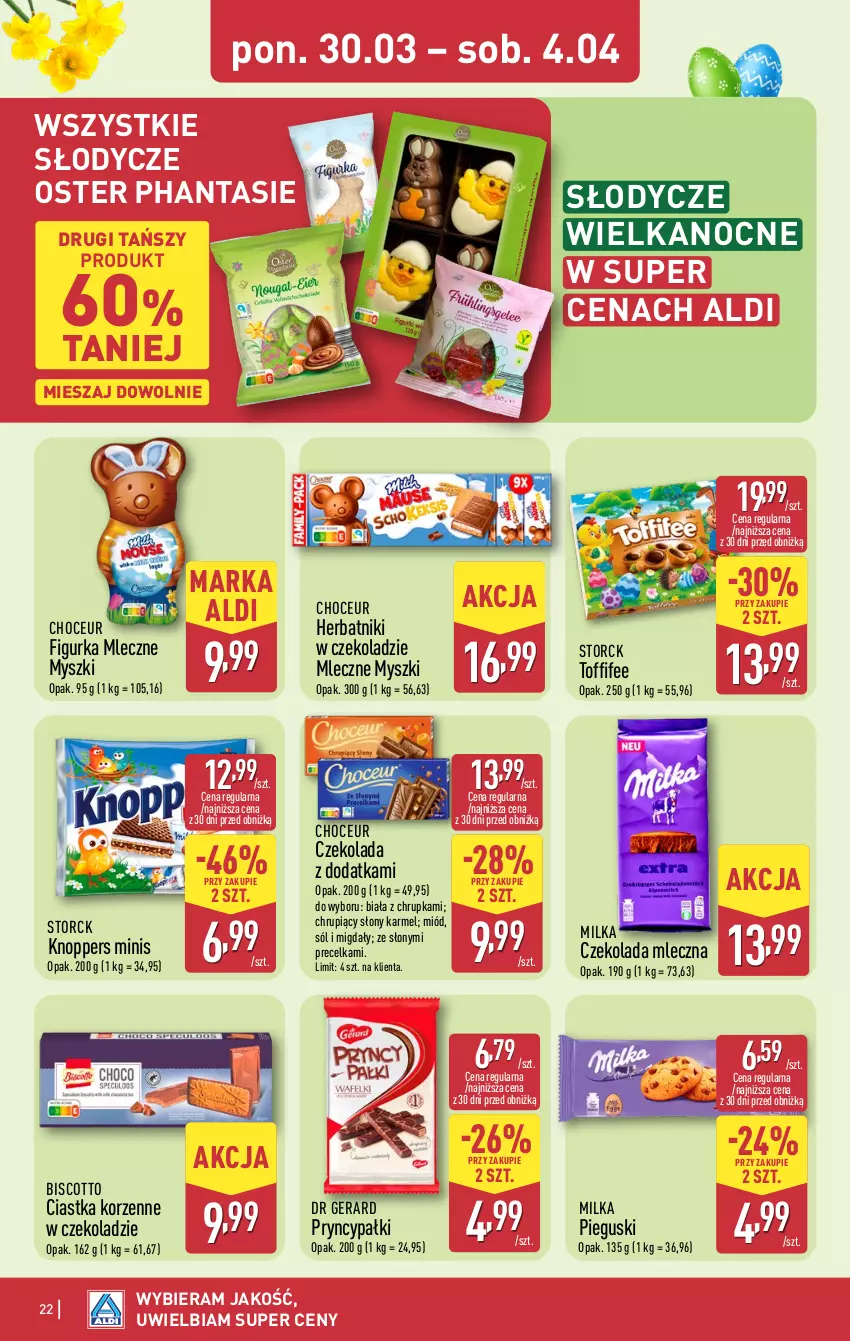 Gazetka promocyjna Aldi - Pełna oferta - ważna 30.03 do 04.04.2026 - strona 22 - produkty: Ciastka, Czekolada, Czekolada mleczna, Dr Gerard, Herbatniki, Knoppers, Migdały, Milka, Miód, Mysz, Sól, Toffifee