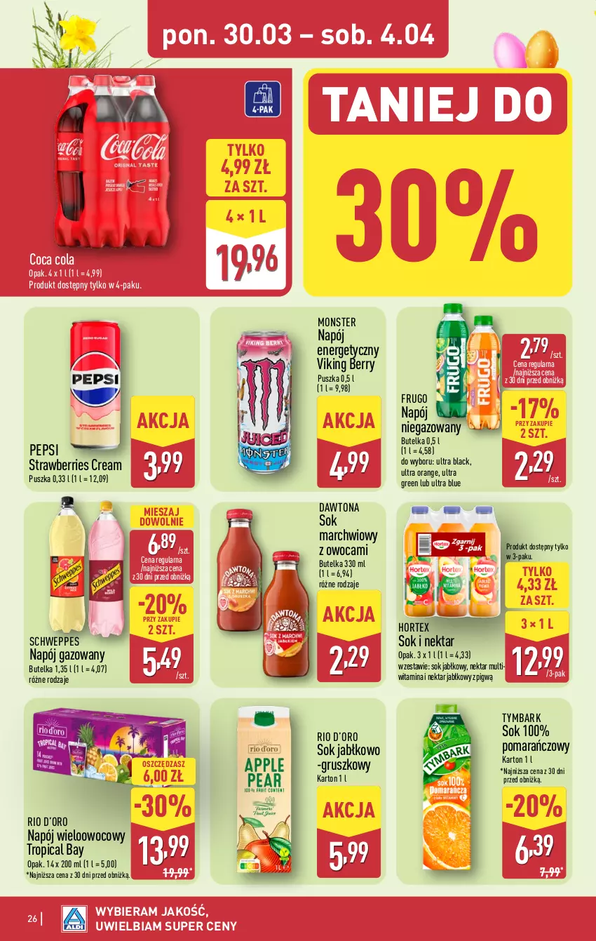 Gazetka promocyjna Aldi - Pełna oferta - ważna 30.03 do 04.04.2026 - strona 26 - produkty: Dawtona, Hortex, Lack, Napój, Napój energetyczny, Napój gazowany, Napój niegazowany, Nektar, Pepsi, Schweppes, Sok, Sok jabłkowy, Tropical, Tymbark