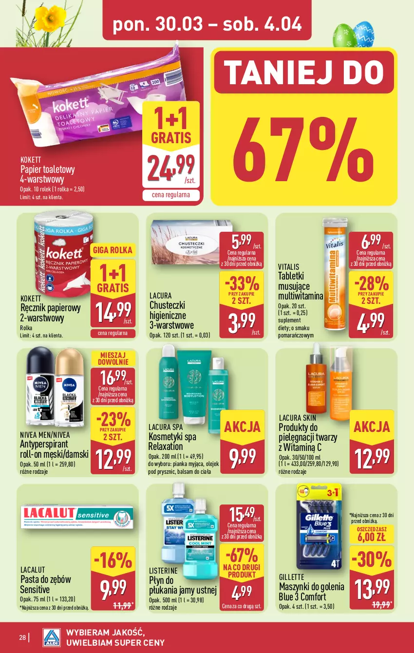 Gazetka promocyjna Aldi - Pełna oferta - ważna 30.03 do 04.04.2026 - strona 28 - produkty: Antyperspirant, Balsam do ciała, Chusteczki, Gillette, Gra, Lacalut, Listerine, Mus, Nivea, Nivea Men, Olej, Olejek pod prysznic, Papier, Papier toaletowy, Pasta do zębów, Płyn do płukania, Płyn do płukania jamy ustnej, Ręcznik, Suplement diety, Tablet, Tabletki musujące