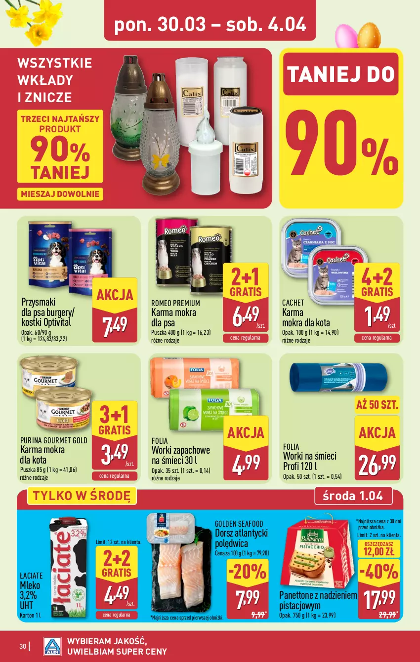 Gazetka promocyjna Aldi - Pełna oferta - ważna 30.03 do 04.04.2026 - strona 30 - produkty: Burger, Dorsz, Golden Seafood, Gourmet Gold, Gra, Mleko, Polędwica, Przysmaki, Pur, Purina, Worki na śmiec, Worki na śmieci, Znicz