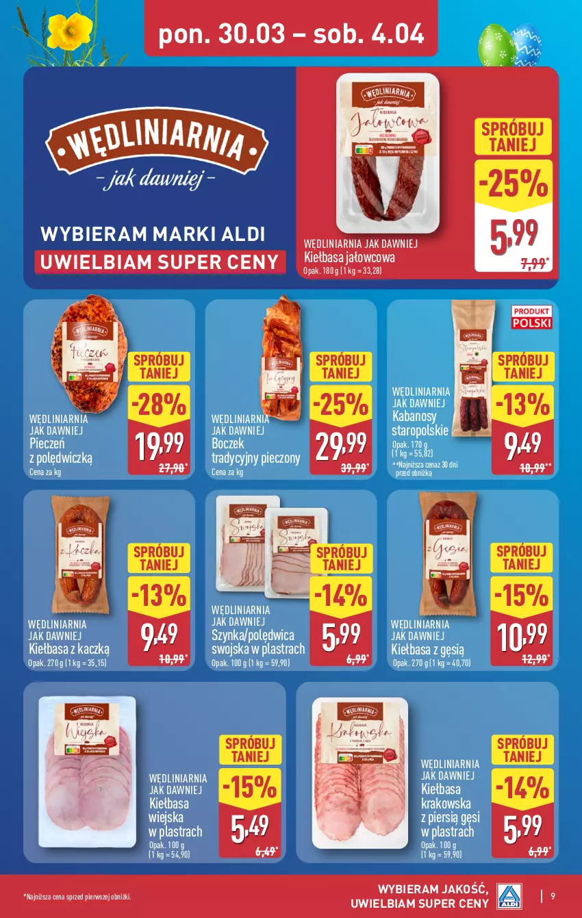 Gazetka promocyjna Aldi - Pełna oferta - ważna 30.03 do 04.04.2026 - strona 9 - produkty: Boczek, Kabanos, Kiełbasa, Kiełbasa krakowska, Kiełbasa wiejska, Piec, Polędwica, Szynka