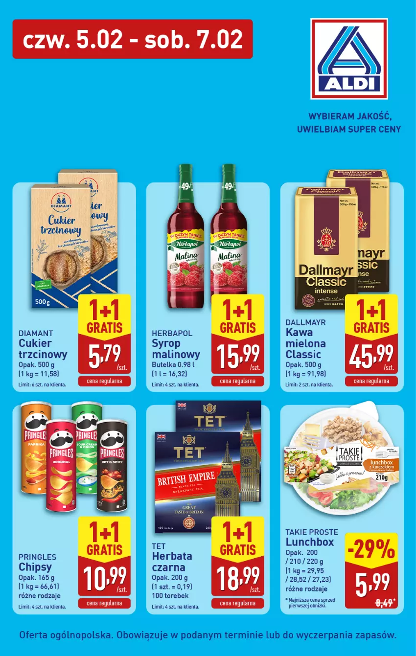 Gazetka promocyjna Aldi - Wybieram ALDI bo jest tanio! - ważna 05.02 do 07.02.2026 - strona 4 - produkty: Chipsy, Cukier, Cukier trzcinowy, Dallmayr, Diamant, Gra, Herbapol, Herbata, Herbata czarna, Kawa, Kawa mielona, Pringles, Syrop