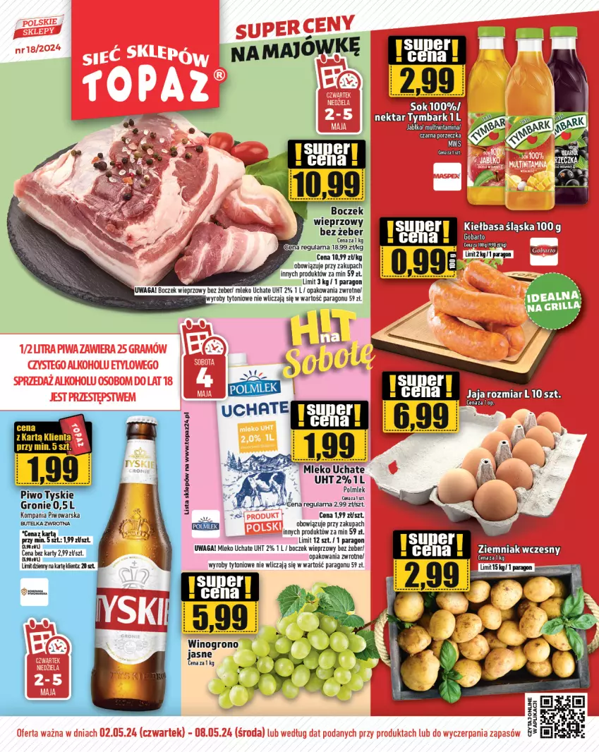 Gazetka promocyjna Topaz - Gazetka - ważna 02.05 do 08.05.2024 - strona 1 - produkty: Boczek, Boczek wieprzowy, Mleko, Piwo, POLMLEK, Tyskie, Waga, Wino