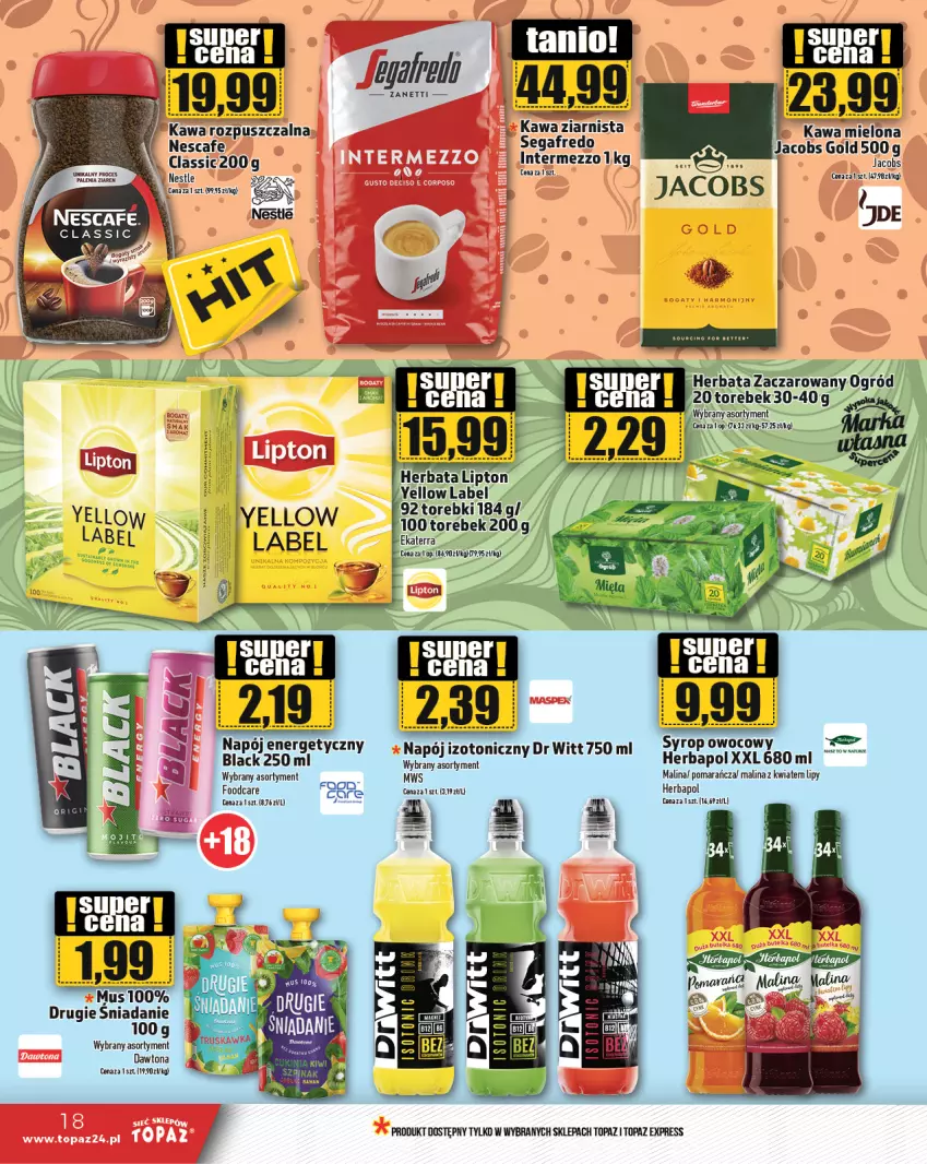 Gazetka promocyjna Topaz - Gazetka - ważna 02.05 do 08.05.2024 - strona 18 - produkty: Dawtona, Herbapol, Herbata, Jacobs, Kawa, Kawa rozpuszczalna, Koc, Lack, LG, Lipton, Mus, Napój, Napój energetyczny, Ogród, Segafredo, Syrop, Top