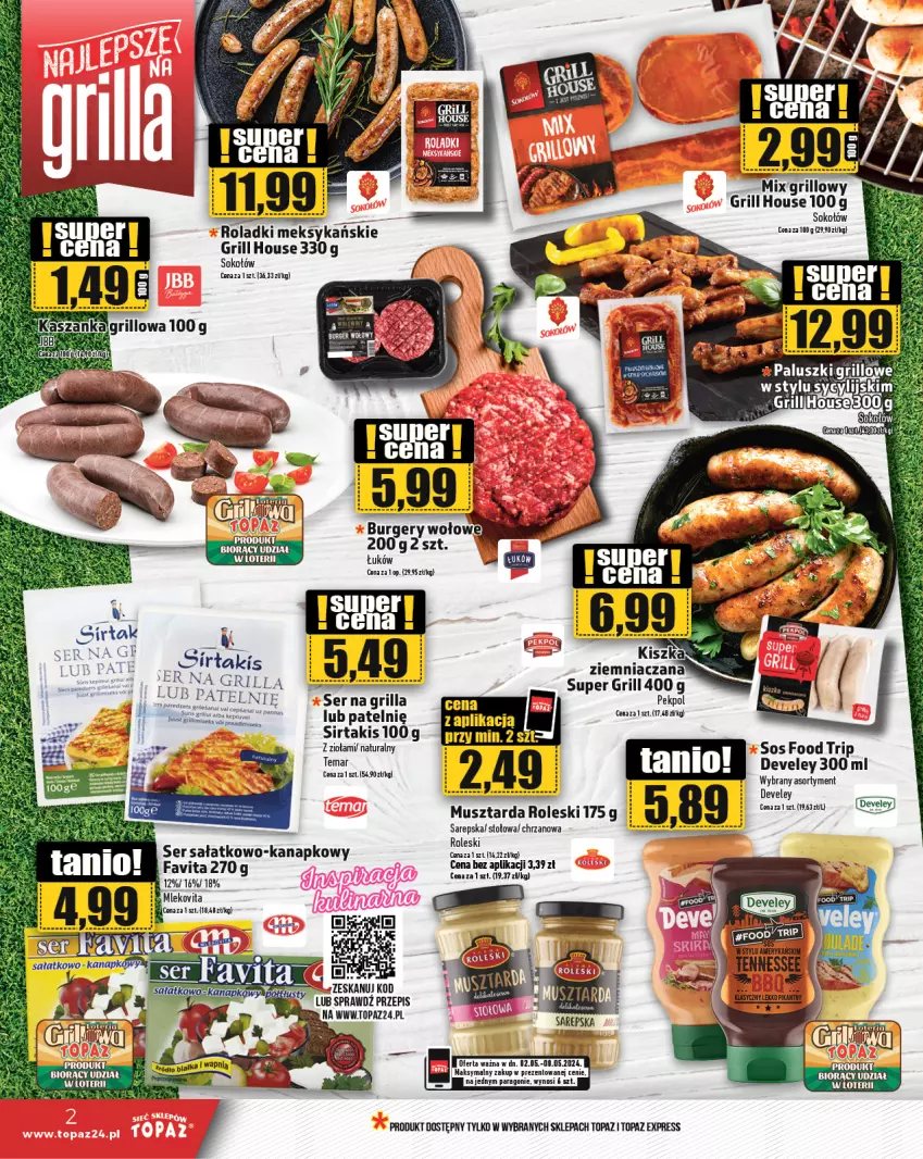 Gazetka promocyjna Topaz - Gazetka - ważna 02.05 do 08.05.2024 - strona 2 - produkty: Burger, Chrzan, Fa, Favita, Grill, Mleko, Mlekovita, Mus, Musztarda, Pekpol, Por, Sałat, Ser, Ser sałatkowo-kanapkowy, Sok, Sokołów, Sos, Top