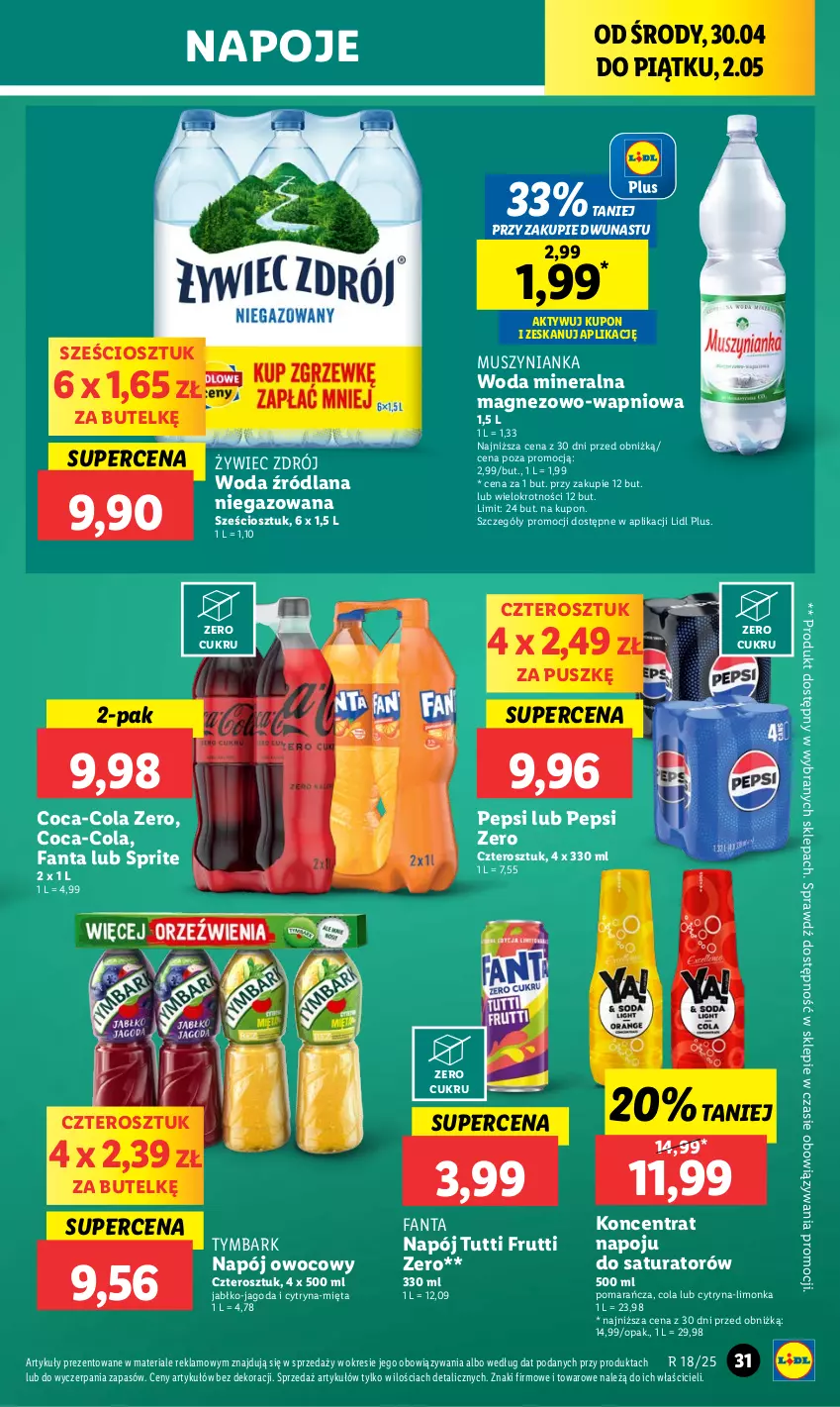 Gazetka promocyjna Lidl - GAZETKA - ważna 30.04 do 02.05.2025 - strona 37 - produkty: Coca-Cola, Fa, Fanta, LANA, Limonka, Magnez, Mięta, Mus, Muszynianka, Napój, Napoje, Pepsi, Sprite, Tymbark, Woda, Woda mineralna