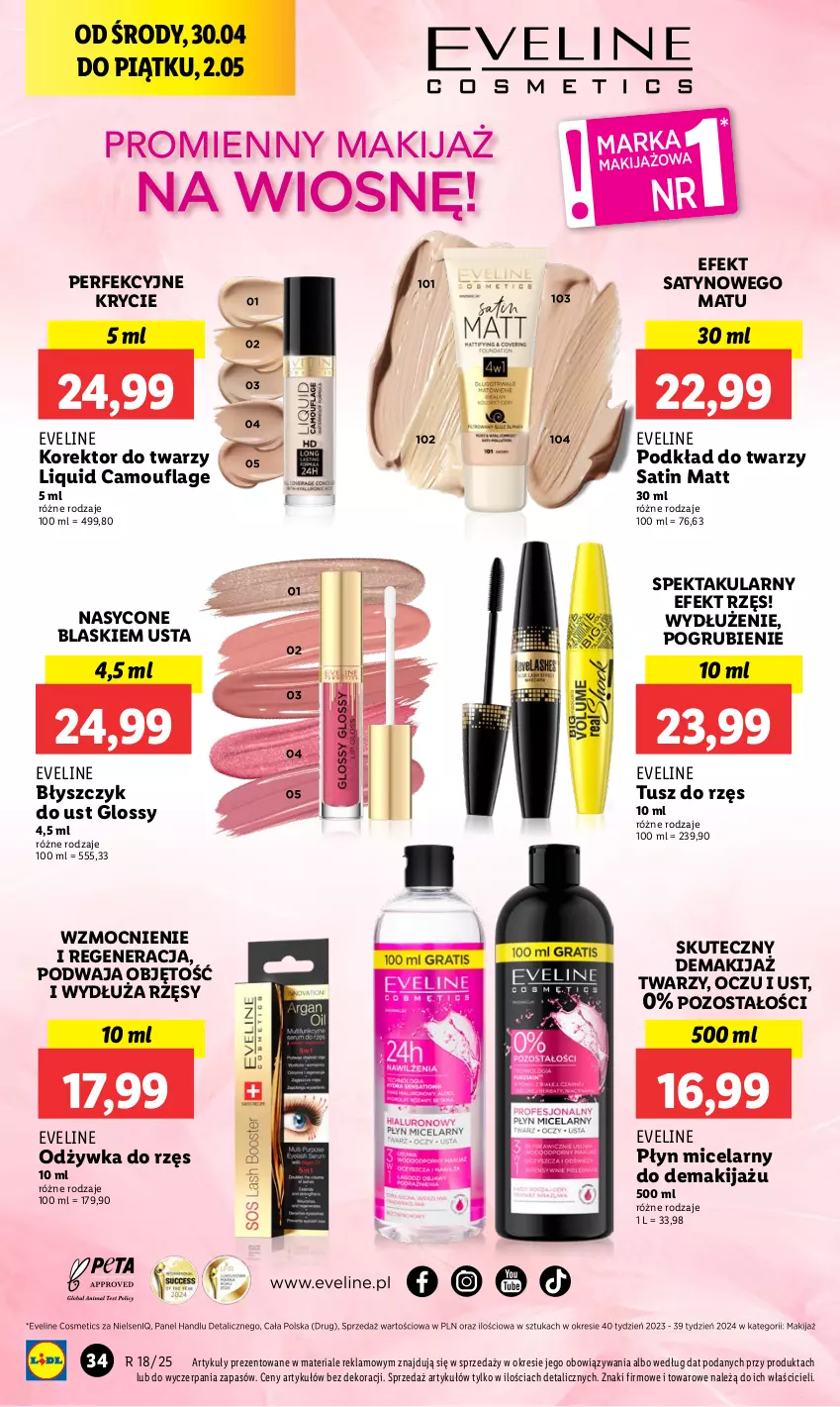 Gazetka promocyjna Lidl - GAZETKA - ważna 30.04 do 02.05.2025 - strona 42 - produkty: Błyszczyk do ust, Eveline, Korektor do twarzy, Makijaż, Odżywka, Płyn micelarny, Podkład, Podkład do twarzy, Sati, Tusz