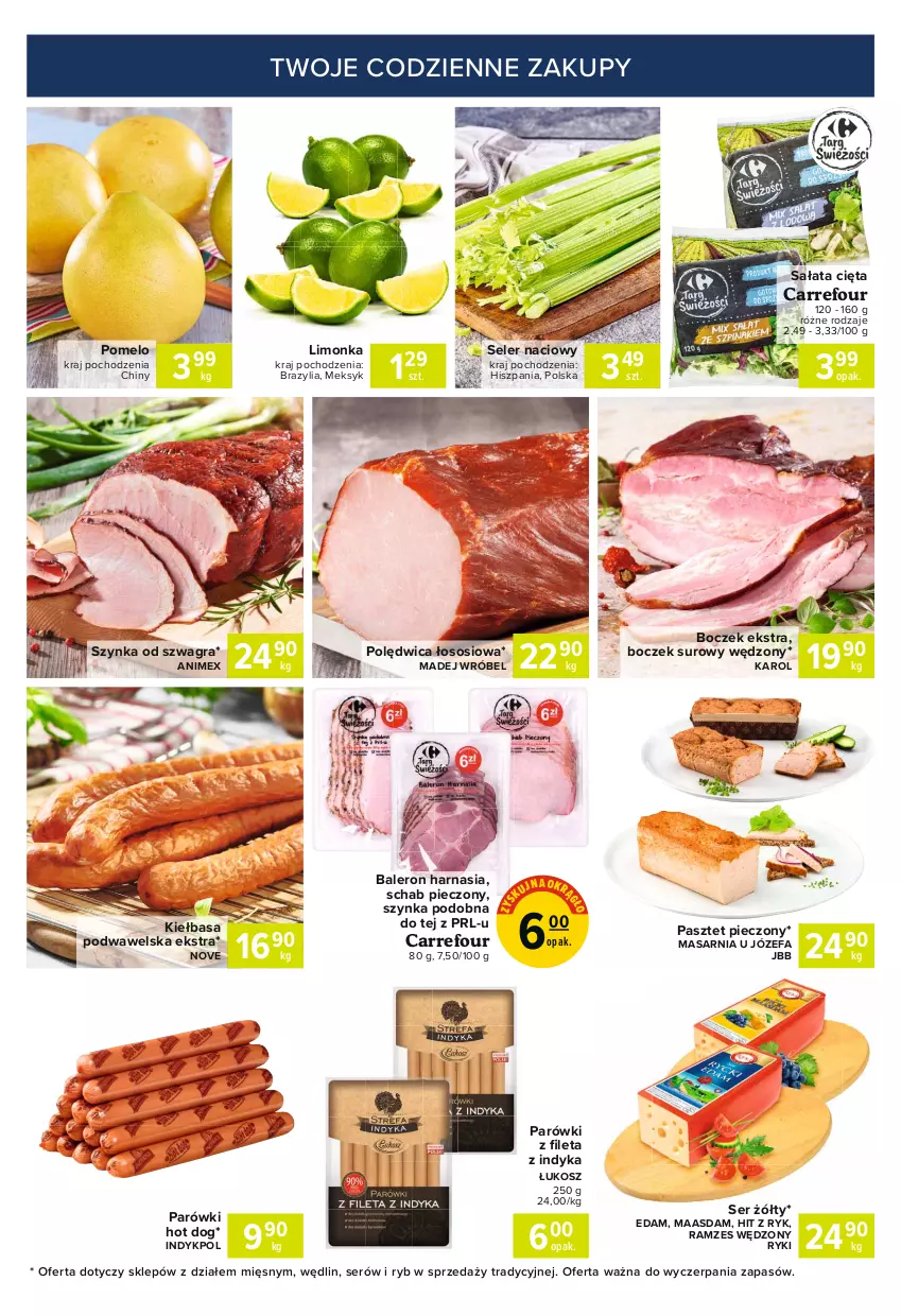 Gazetka promocyjna Carrefour - Gazetka Express - ważna 08.02 do 15.02.2021 - strona 5 - produkty: Boczek, Edam, Fa, Gra, Hot dog, Kiełbasa, Kiełbasa podwawelska, Kosz, Limonka, Maasdam, Madej Wróbel, Parówki, Parówki hot dog, Pasztet, Piec, Polędwica, Pomelo, Sałat, Schab pieczony, Seler naciowy, Ser, Sos, Szynka, Wawel