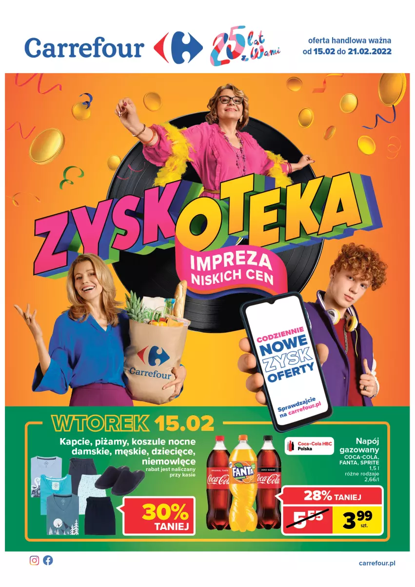 Gazetka promocyjna Carrefour - Gazetka Carrefour Zyskoteka - ważna 15.02 do 21.02.2022 - strona 1 - produkty: Coca-Cola, Dzieci, Kapcie, Kosz, Napój