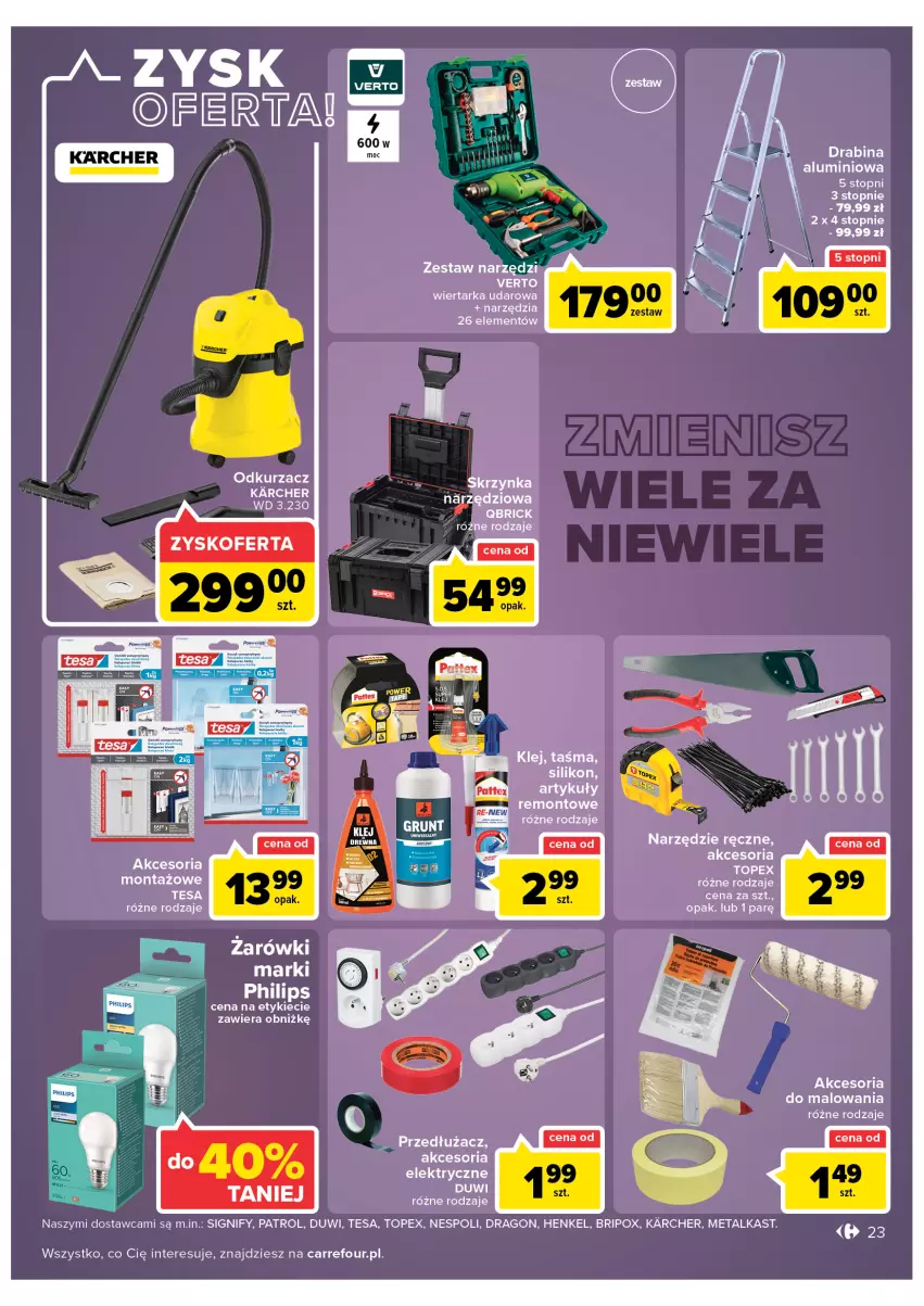 Gazetka promocyjna Carrefour - Gazetka Carrefour Zyskoteka - ważna 15.02 do 21.02.2022 - strona 23 - produkty: Drabina, Klej, Odkurzacz, Philips, Tarka, Top, Wiertarka, Wiertarka udarowa, Zestaw narzędzi