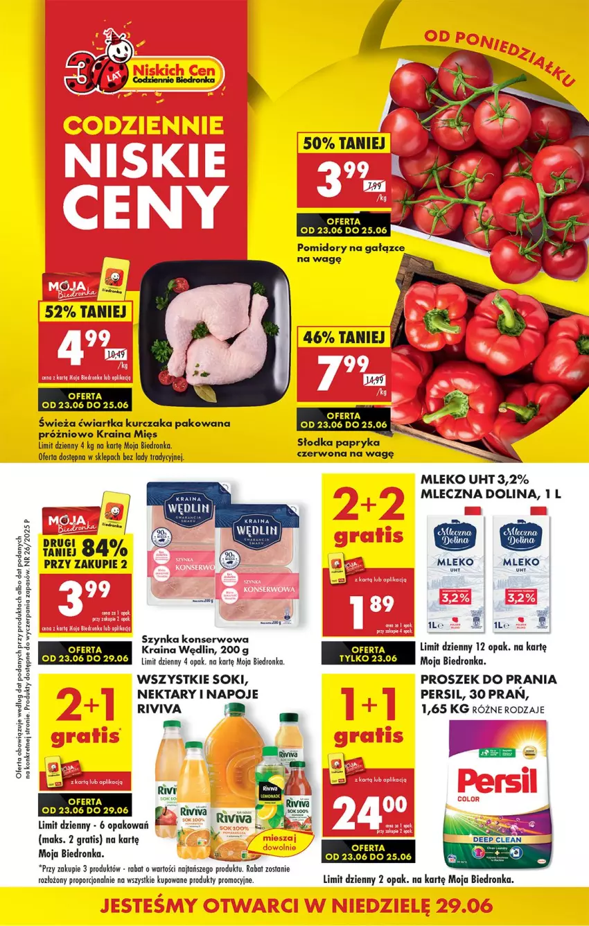 Gazetka promocyjna Biedronka - Od Poniedziałku - ważna 23.06 do 28.06.2025 - strona 1 - produkty: Gra, Koc, Kret, Kurczak, Mleko, Napoje, Nektar, Orka, Papryka, Persil, Pomidory, Por, Proszek do prania, Sok