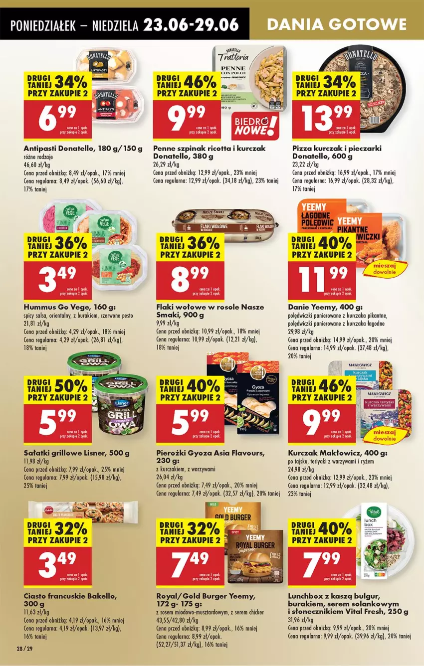Gazetka promocyjna Biedronka - Od Poniedziałku - ważna 23.06 do 28.06.2025 - strona 30 - produkty: Bulgur, Buraki, Burger, Ciasto francuskie, Flaki, Flaki wołowe, Grill, Hummus, Kurczak, LG, Lisner, Mus, Penne, Pesto, Piec, Pizza, Polędwiczki panierowane, Ricotta, Rum, Ryż, Sałat, Salsa, Ser, Solan, Sos, Szpinak, Warzywa