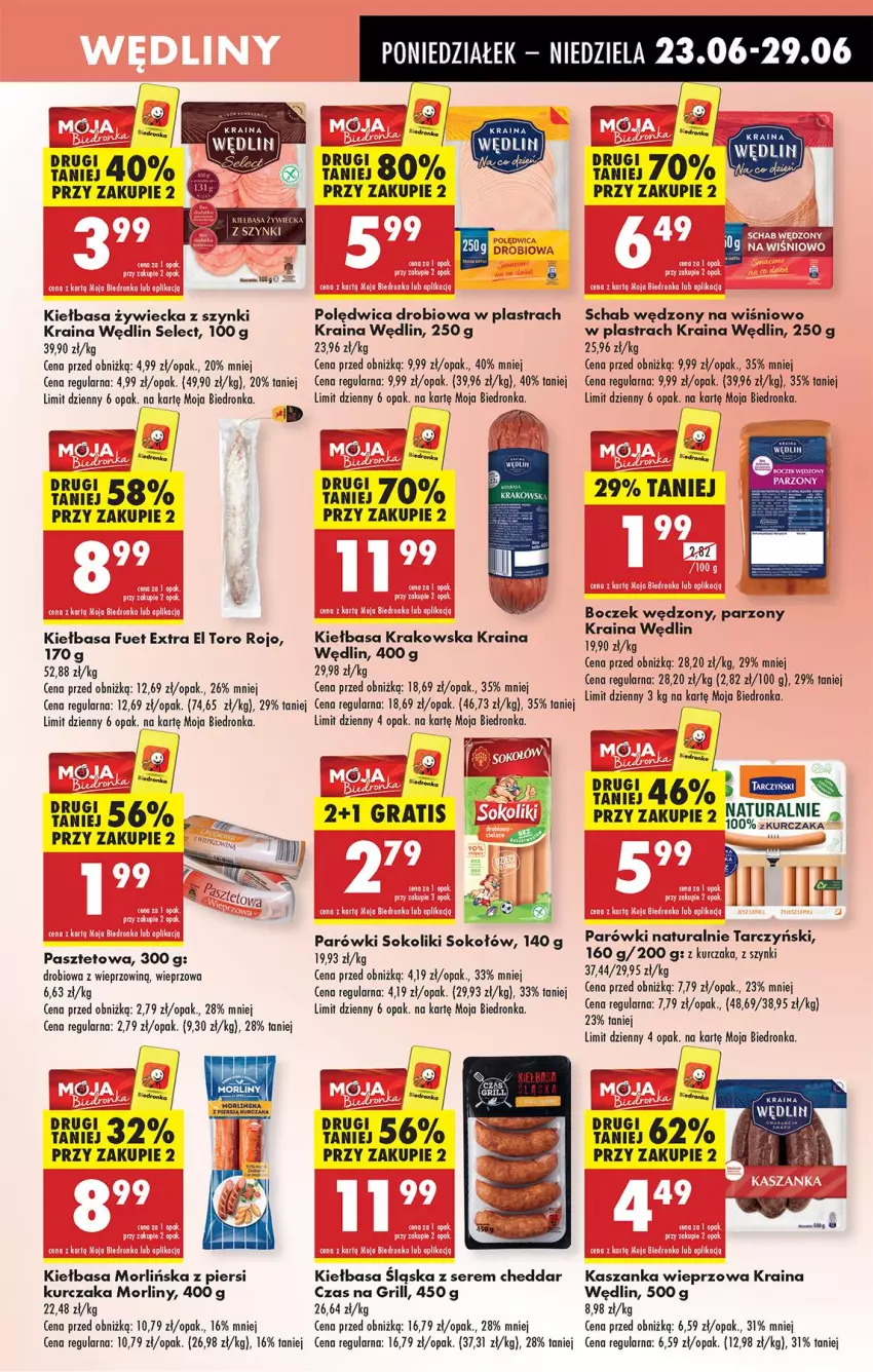 Gazetka promocyjna Biedronka - Od Poniedziałku - ważna 23.06 do 28.06.2025 - strona 31 - produkty: Boczek, Cheddar, Grill, Kasza, Kaszanka, Kiełbasa, Kiełbasa krakowska, Kiełbasa śląska, Kurczak, Morliny, Parówki, Parówki sokoliki, Pasztet, Polędwica, Ser, Sok, Sokołów, Tarczyński