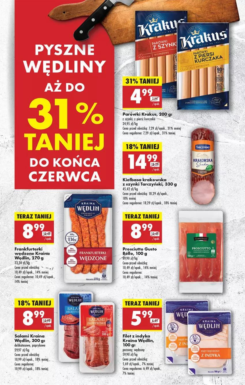 Gazetka promocyjna Biedronka - Od Poniedziałku - ważna 23.06 do 28.06.2025 - strona 33 - produkty: Bell, Frankfurterki, Kiełbasa, Kiełbasa krakowska, Krakus, Kurczak, Parówki, Prosciutto, Salami, Tarczyński, Tera