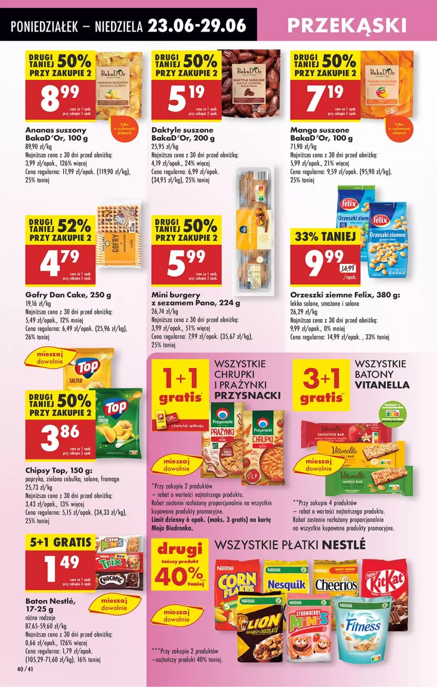 Gazetka promocyjna Biedronka - Od Poniedziałku - ważna 23.06 do 28.06.2025 - strona 52 - produkty: Ananas, Baton, Burger, Chipsy, Chrupki, Daktyle, Dan Cake, Fa, Felix, Gofry, Gra, Mango, Mango suszone, Orzeszki, Orzeszki ziemne, Papryka, Por, Przysnacki, Robot, Sezam, Top