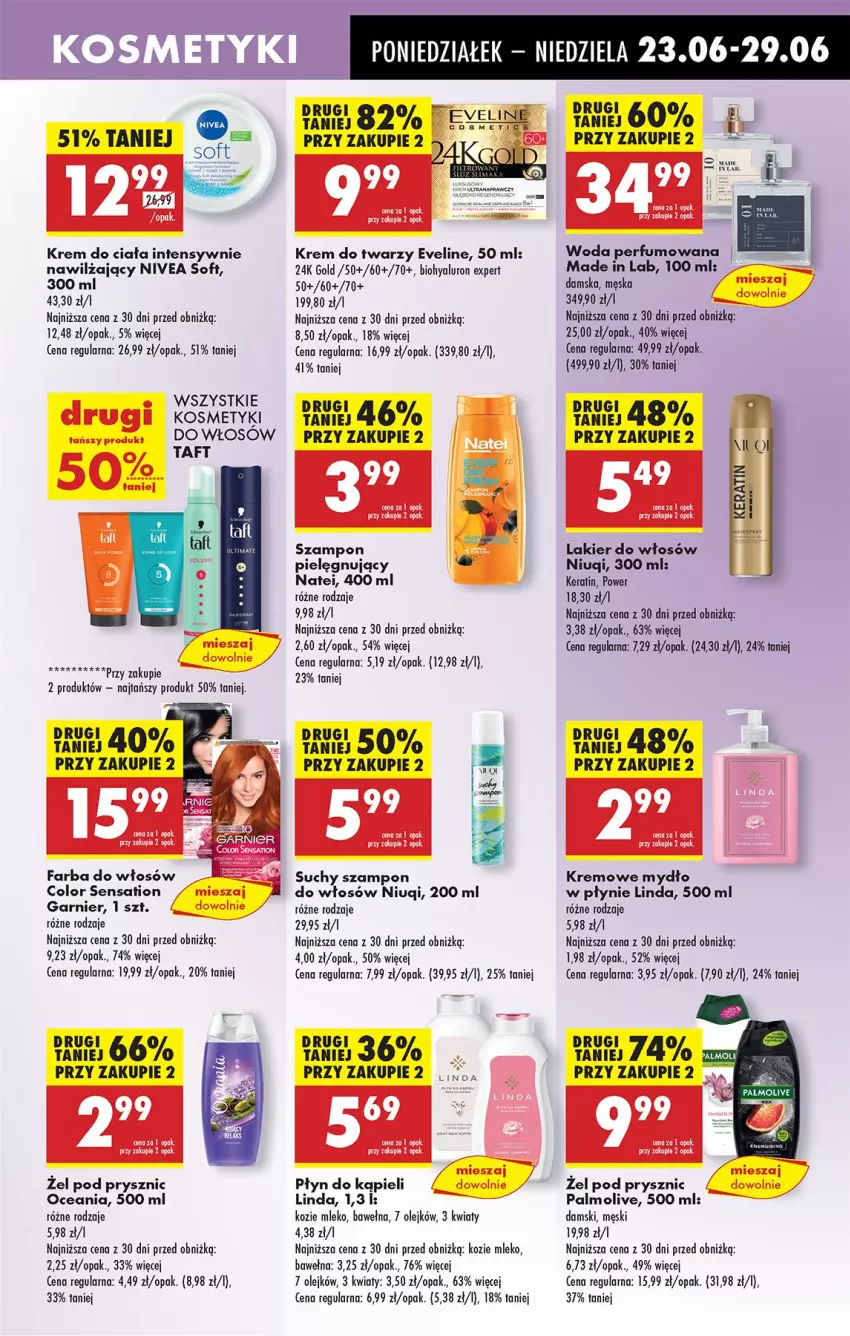 Gazetka promocyjna Biedronka - Od Poniedziałku - ważna 23.06 do 28.06.2025 - strona 59 - produkty: Eveline, Fa, Farba do włosów, Garnier, Krem do ciała, Krem do twarzy, Lakier, Lakier do włosów, Mleko, Mydło, Mydło w płynie, Niuqi, Nivea, Olej, Palmolive, Perfum, Płyn do kąpieli, Sati, Suchy szampon, Szampon, Taft, Wełna, Woda, Woda perfumowana