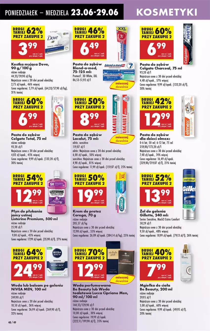 Gazetka promocyjna Biedronka - Od Poniedziałku - ważna 23.06 do 28.06.2025 - strona 60 - produkty: Balsam po goleniu, Be Be, Blend-a-Med, Colgate, Colgate Total, Corega, Dove, Dzieci, Elmex, Gillette, Kostka myjąca, Lacalut, LG, Listerine, Mach3, Nivea, Nivea Men, Pasta do zębów, Perfum, Płyn do płukania, Płyn do płukania jamy ustnej, Ser, Woda, Woda perfumowana, Woda toaletowa