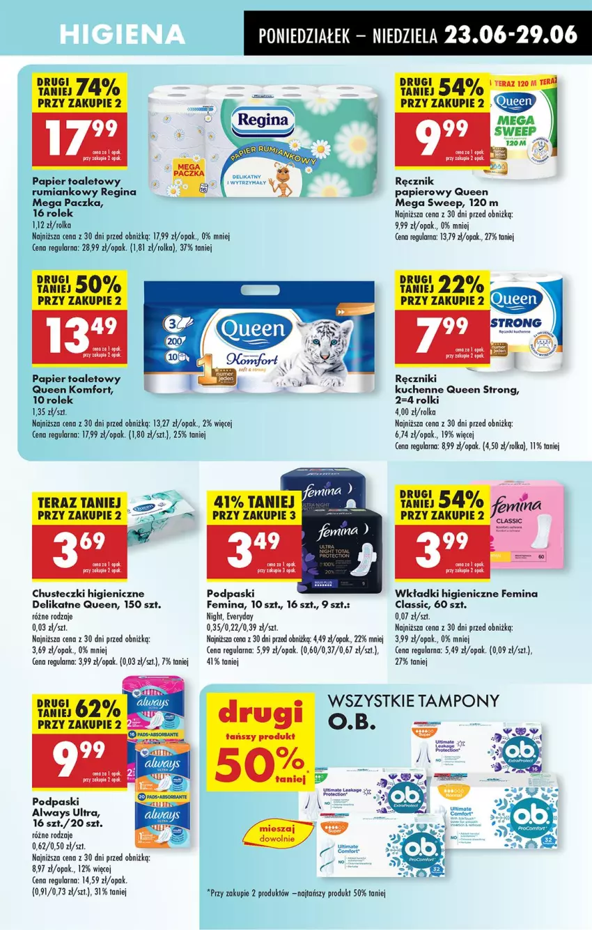 Gazetka promocyjna Biedronka - Od Poniedziałku - ważna 23.06 do 28.06.2025 - strona 61 - produkty: Chusteczki, Gin, O.B., Papier, Papier toaletowy, Podpaski, Ręcznik, Rolki, Rum, Tampony, Wkładki