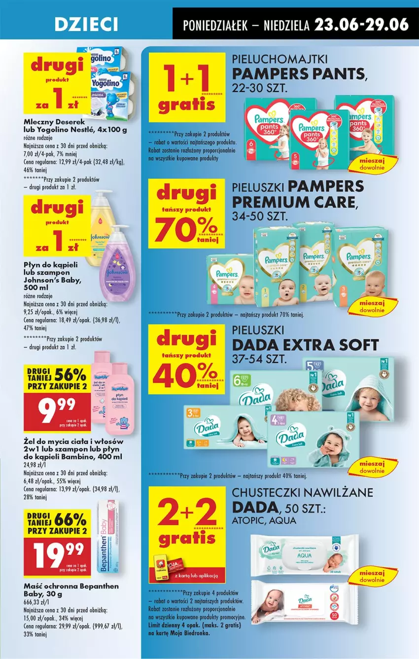 Gazetka promocyjna Biedronka - Od Poniedziałku - ważna 23.06 do 28.06.2025 - strona 63 - produkty: Bepanthen, Chusteczki, Dada, Deser, Gra, Johnson's, Johnson's Baby, Majtki, Pampers, Pieluchomajtki, Płyn do kąpieli, Por, Ser, Serek, Szampon, Top