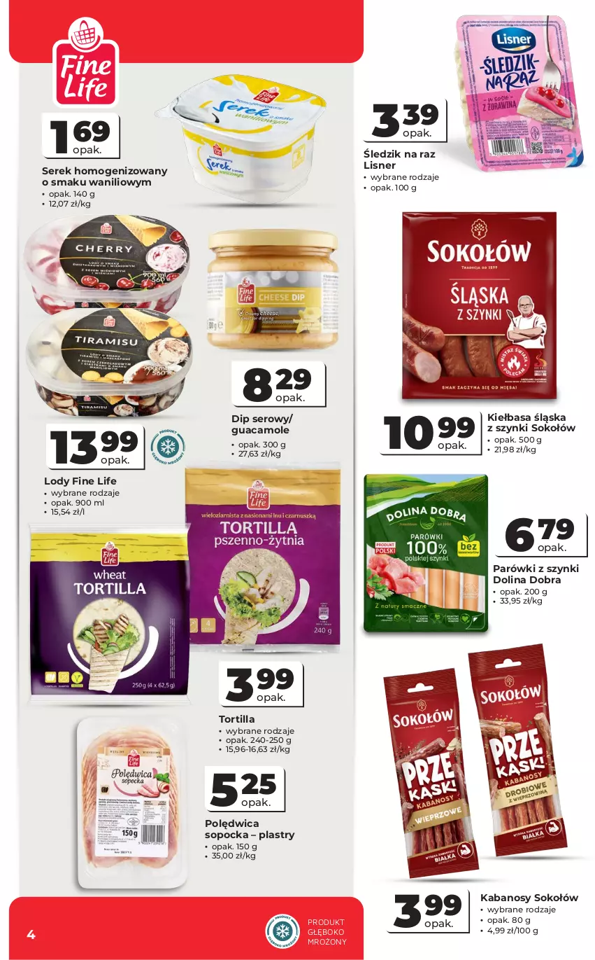 Gazetka promocyjna Odido - Gazetka Odido - ważna 08.07 do 21.07.2026 - strona 4 - produkty: Amol, Kabanos, Kiełbasa, Kiełbasa śląska, Lisner, Lody, Parówki, Parówki z szynki, Polędwica, Ser, Serek, Serek homogenizowany, Sok, Sokołów, Tortilla