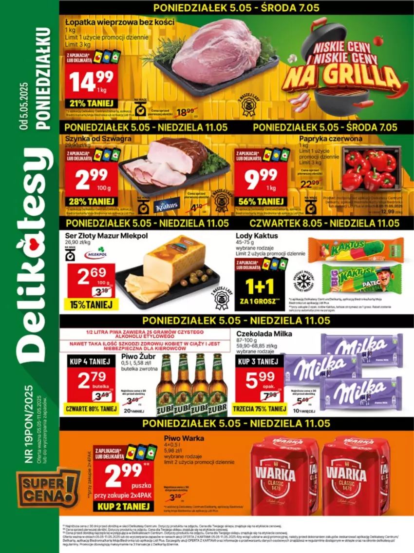 Gazetka promocyjna Delikatesy Centrum - Franczyza DC19 Poniedziałek - ważna 05.05 do 11.05.2025 - strona 1 - produkty: Czekolada, Fa, Gra, Milka, Piec, Piwa, Ser, Złoty Mazur