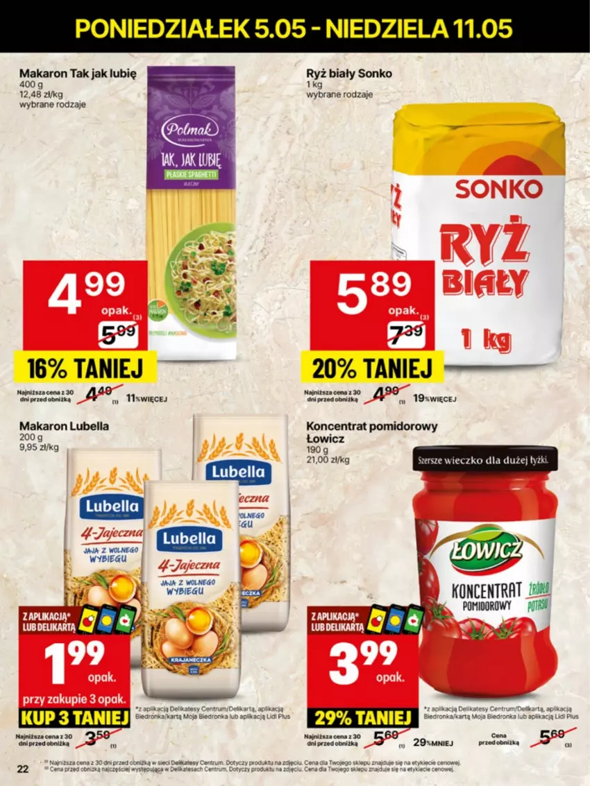 Gazetka promocyjna Delikatesy Centrum - Franczyza DC19 Poniedziałek - ważna 05.05 do 11.05.2025 - strona 22 - produkty: Bell, Bella, Jaja, Koncentrat pomidorowy, Lubella, Makaron, Rum, Ryż, Ryż biały, Sonko