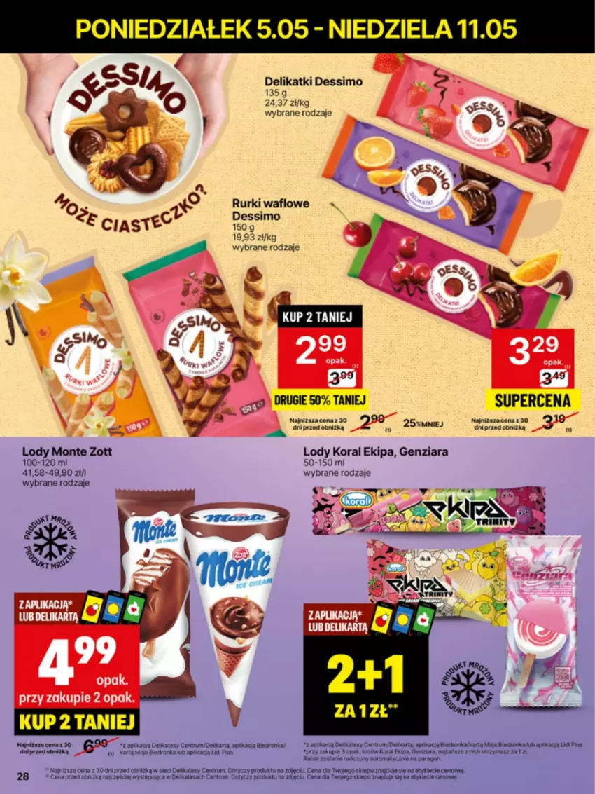 Gazetka promocyjna Delikatesy Centrum - Franczyza DC19 Poniedziałek - ważna 05.05 do 11.05.2025 - strona 28 - produkty: Lody, Monte, Rum, Rurki, Zott