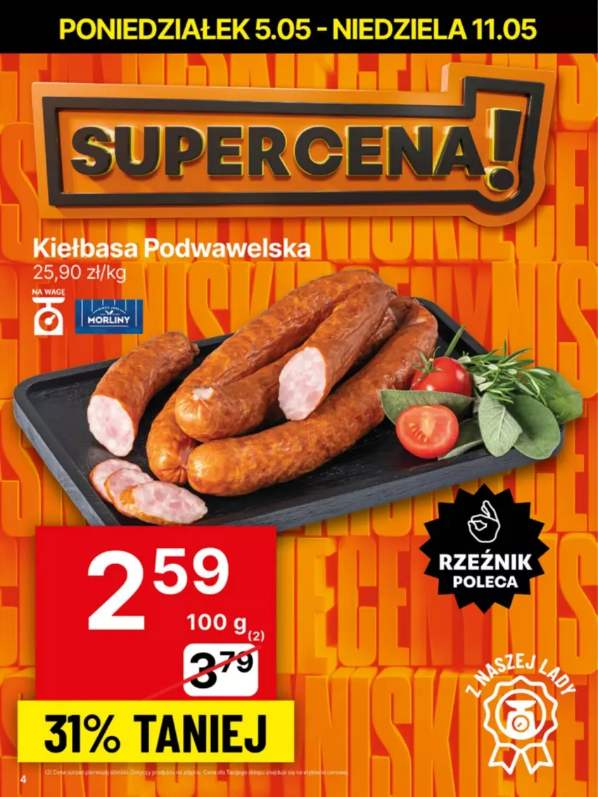 Gazetka promocyjna Delikatesy Centrum - Franczyza DC19 Poniedziałek - ważna 05.05 do 11.05.2025 - strona 4 - produkty: Kiełbasa, Kiełbasa podwawelska, Wawel